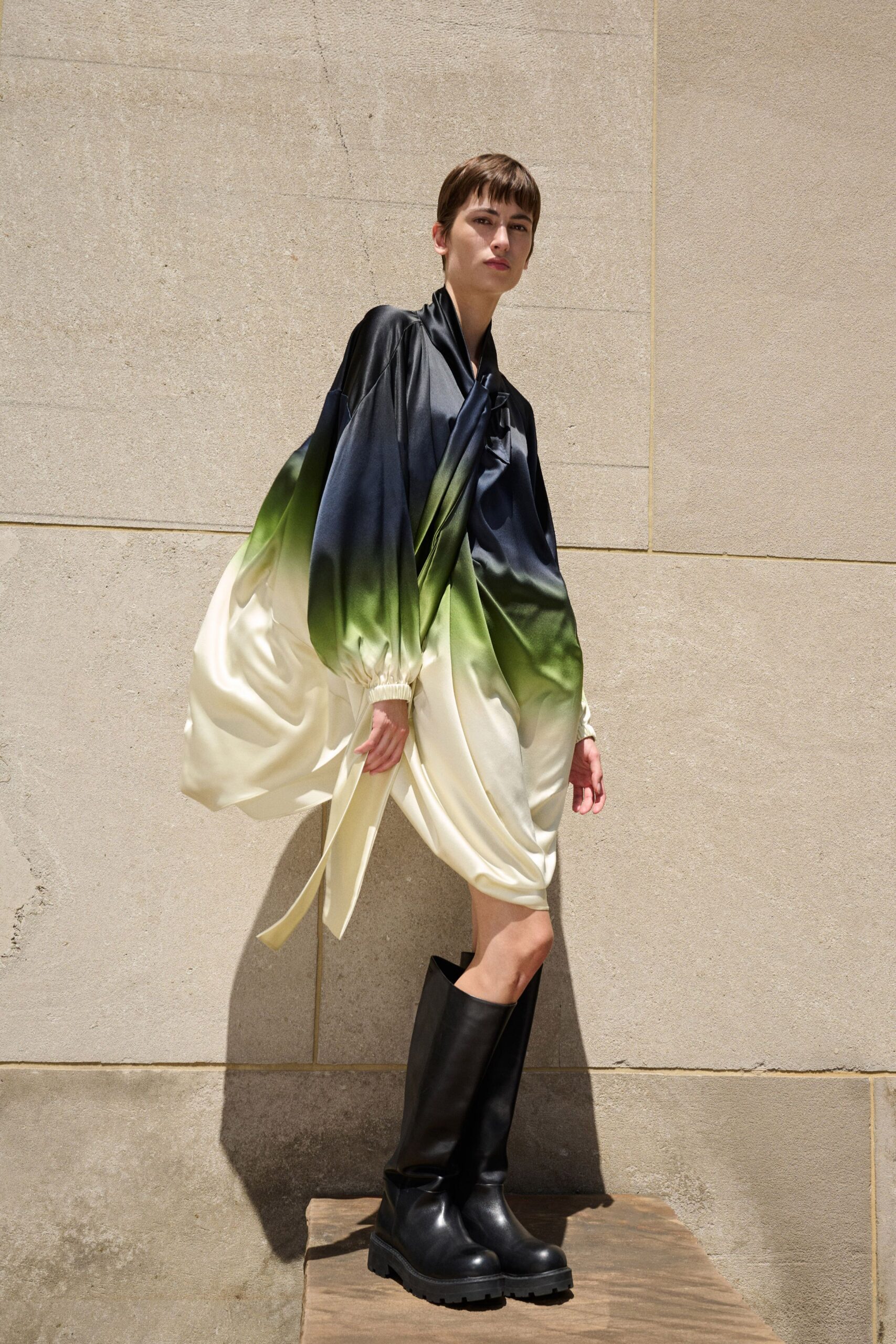 black silk long-sleeve collared relaxed draped flowing dress