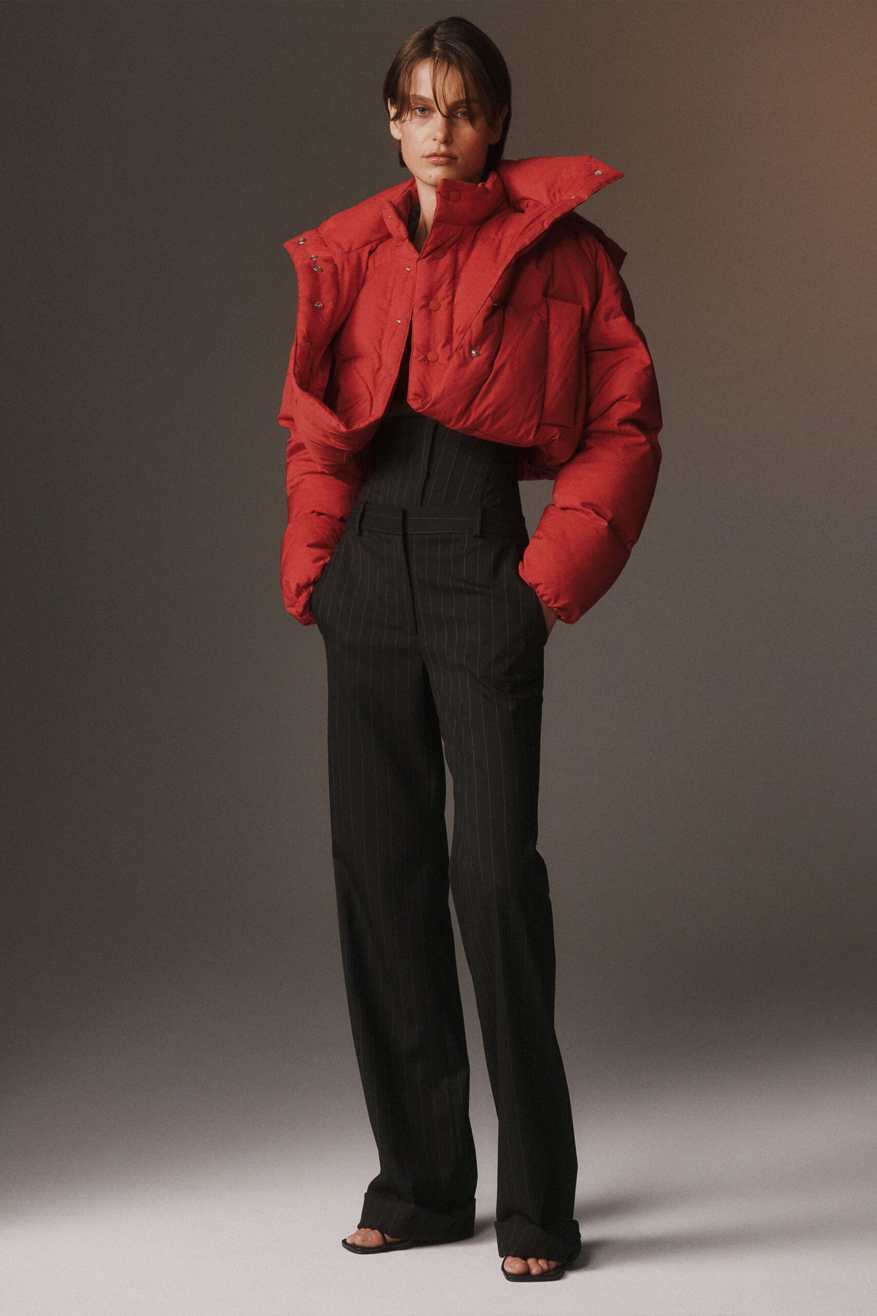 red jersey long-sleeve collared oversized padded jacket