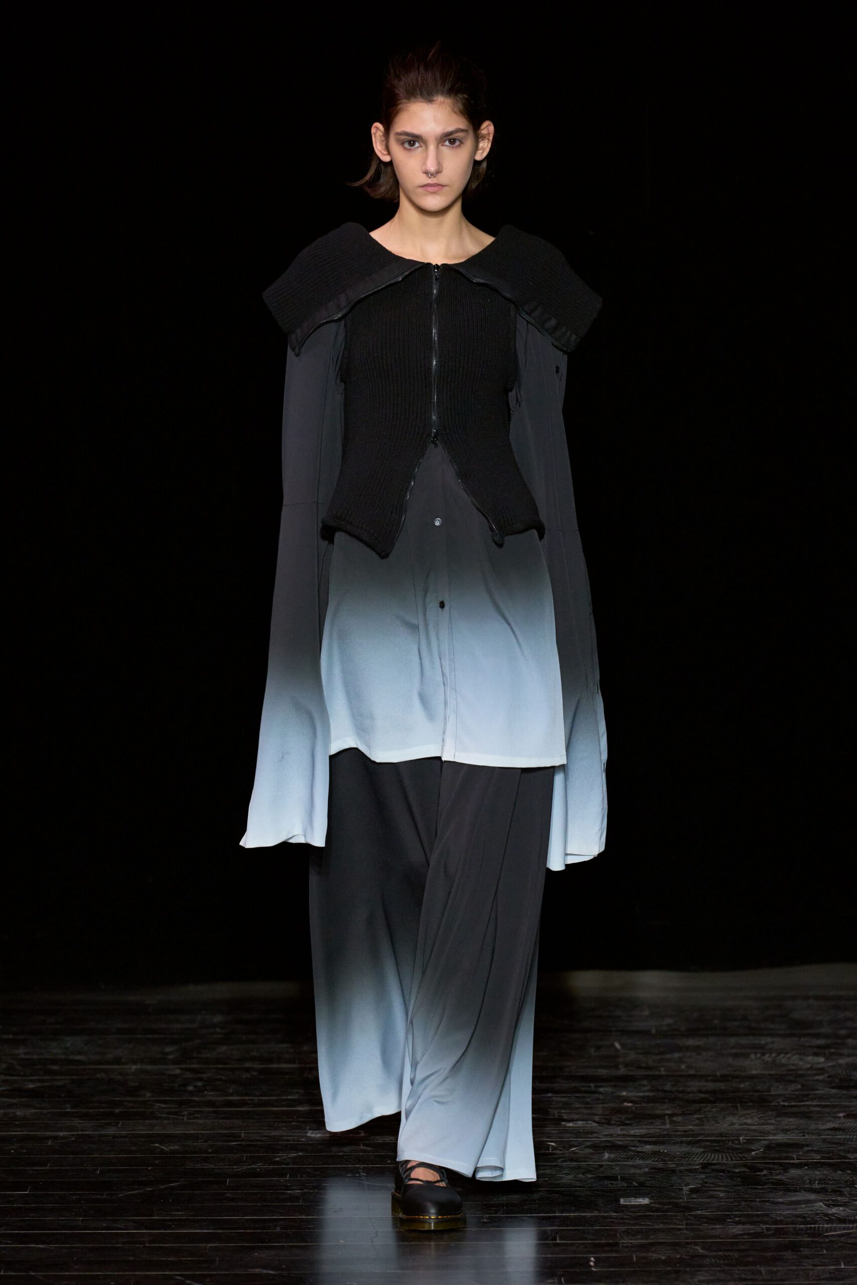 black and gray relaxed top with wide-leg pants