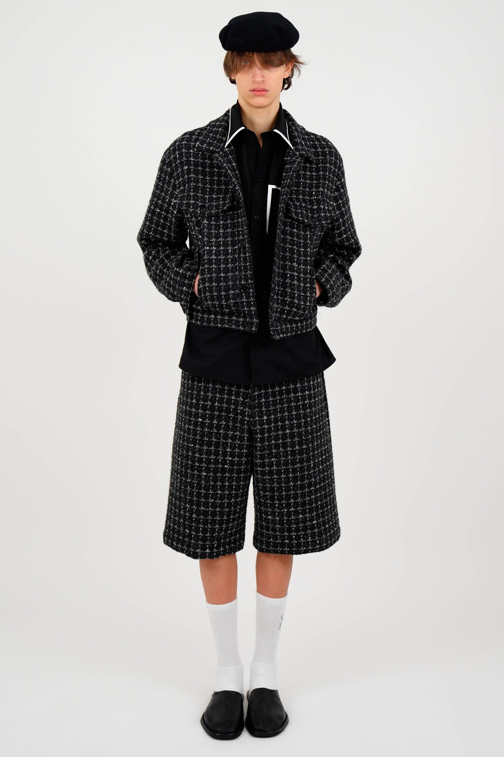 black and white checked jacket and shorts