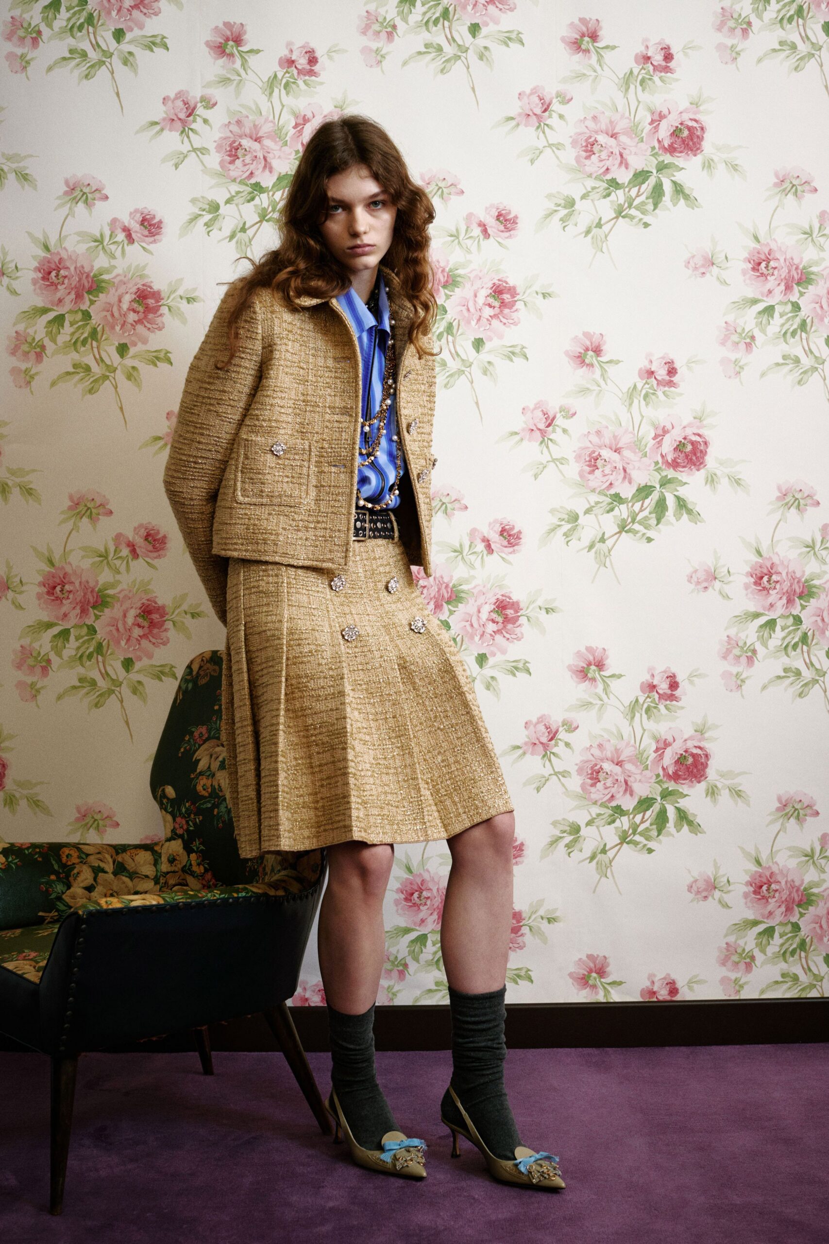 beige tweed blazer and skirt