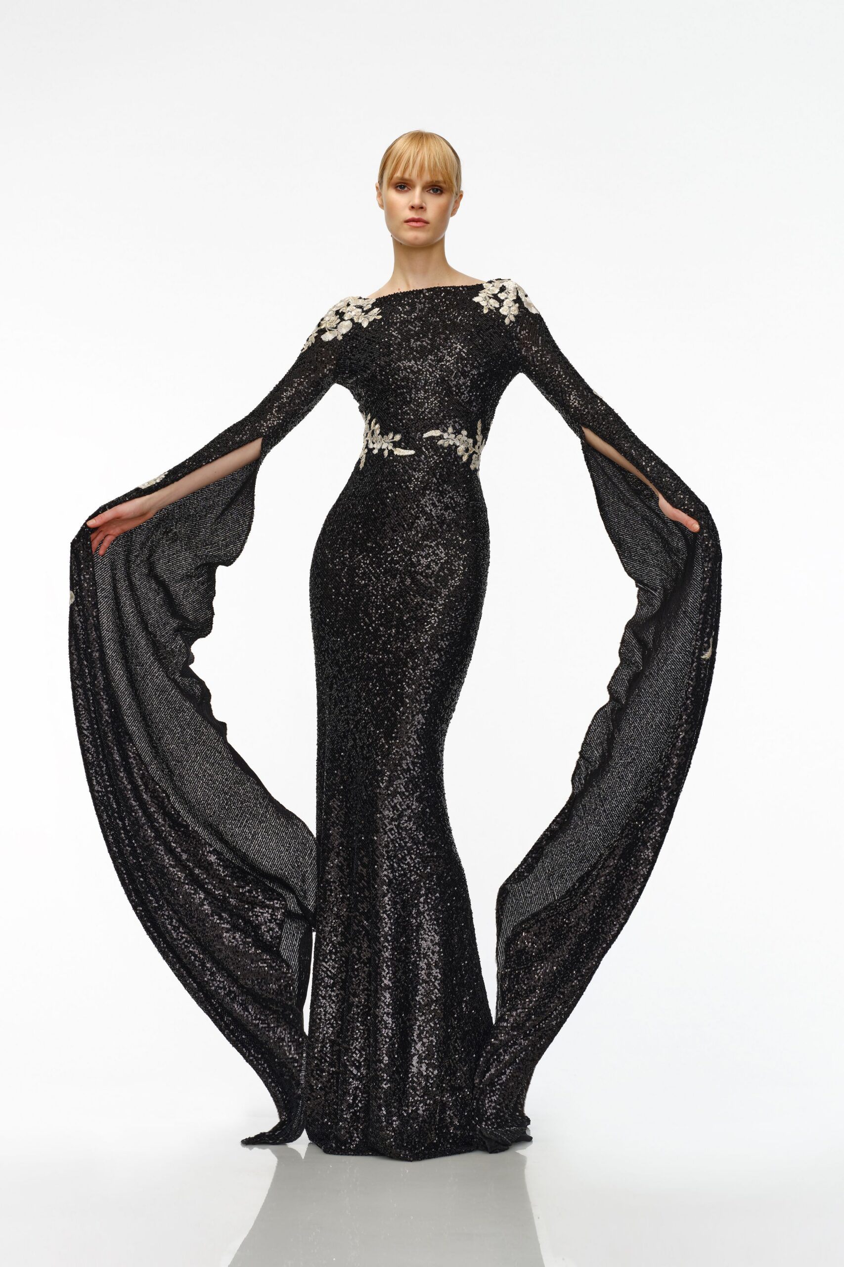 black sequin off-shoulder gown