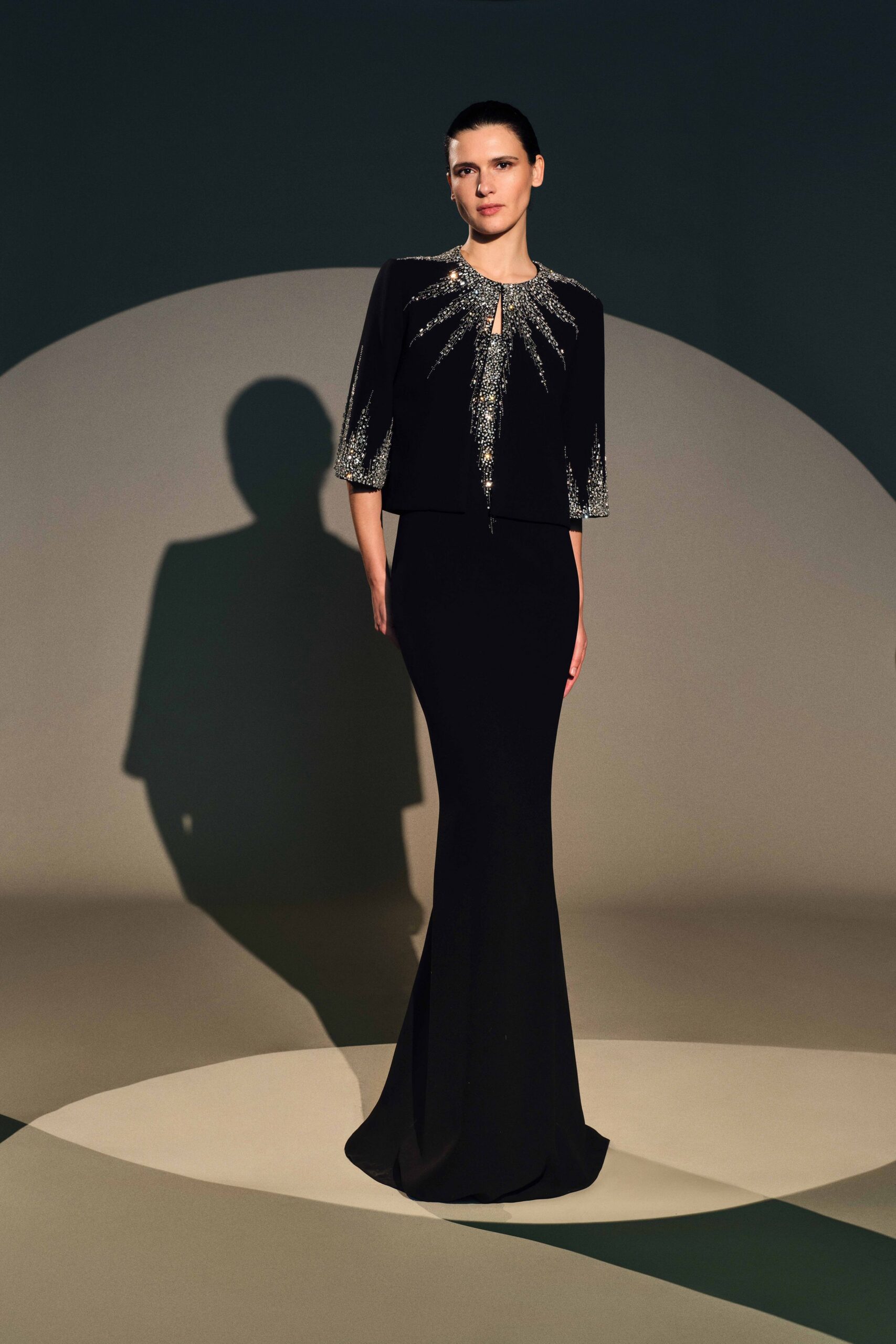 black silk gown with embellished jacket