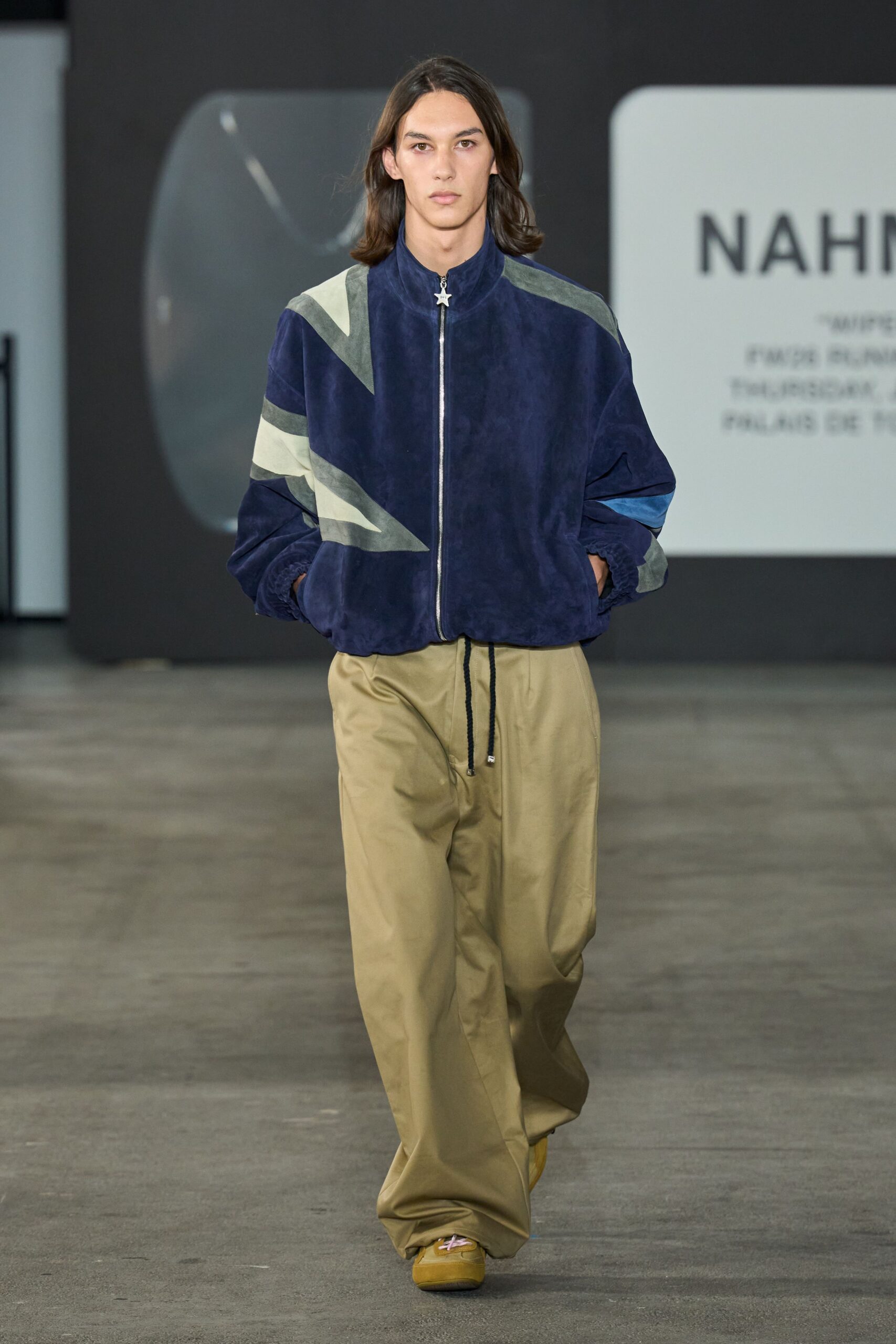 blue velvet relaxed jacket with beige pants