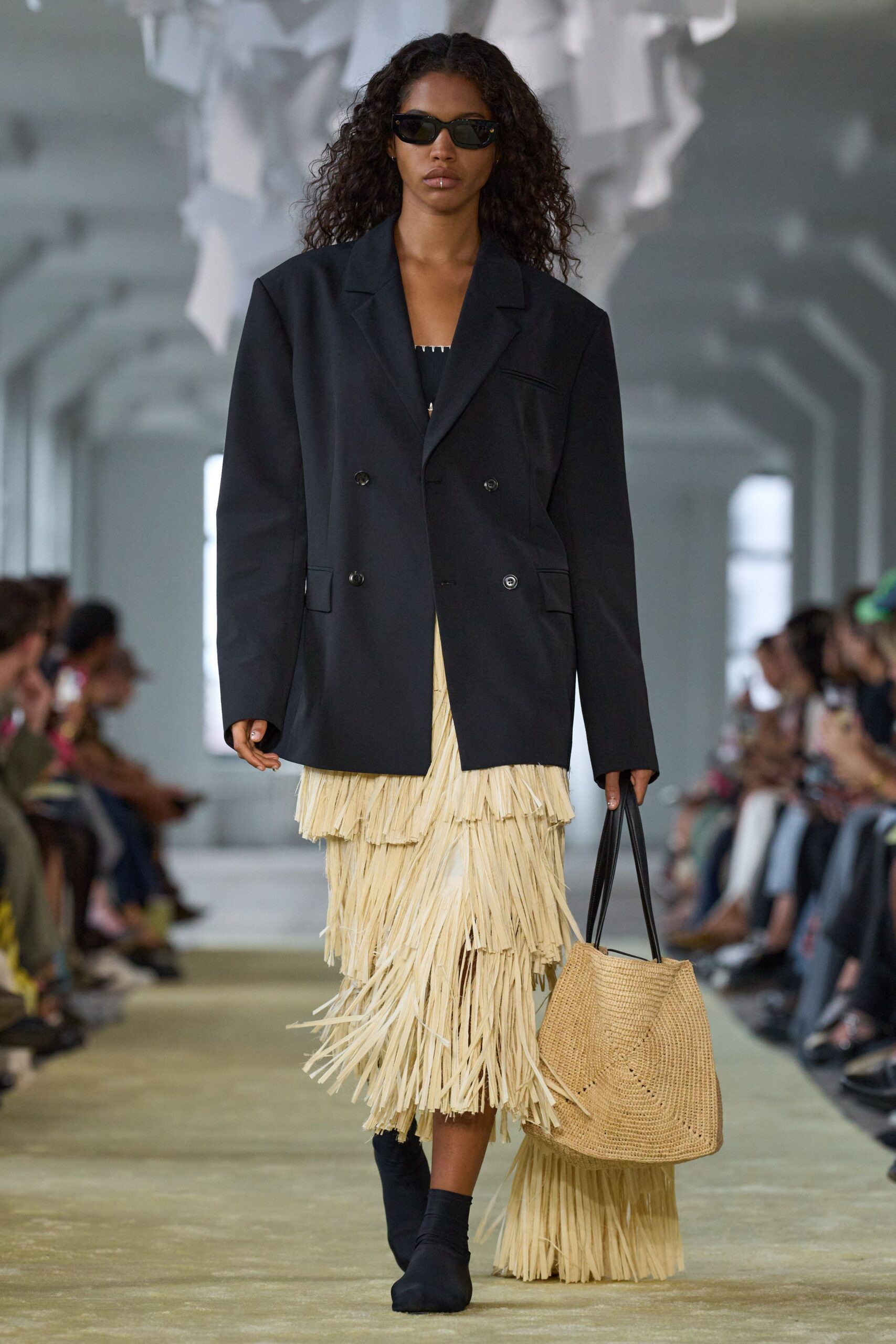 oversized black blazer with fringed skirt