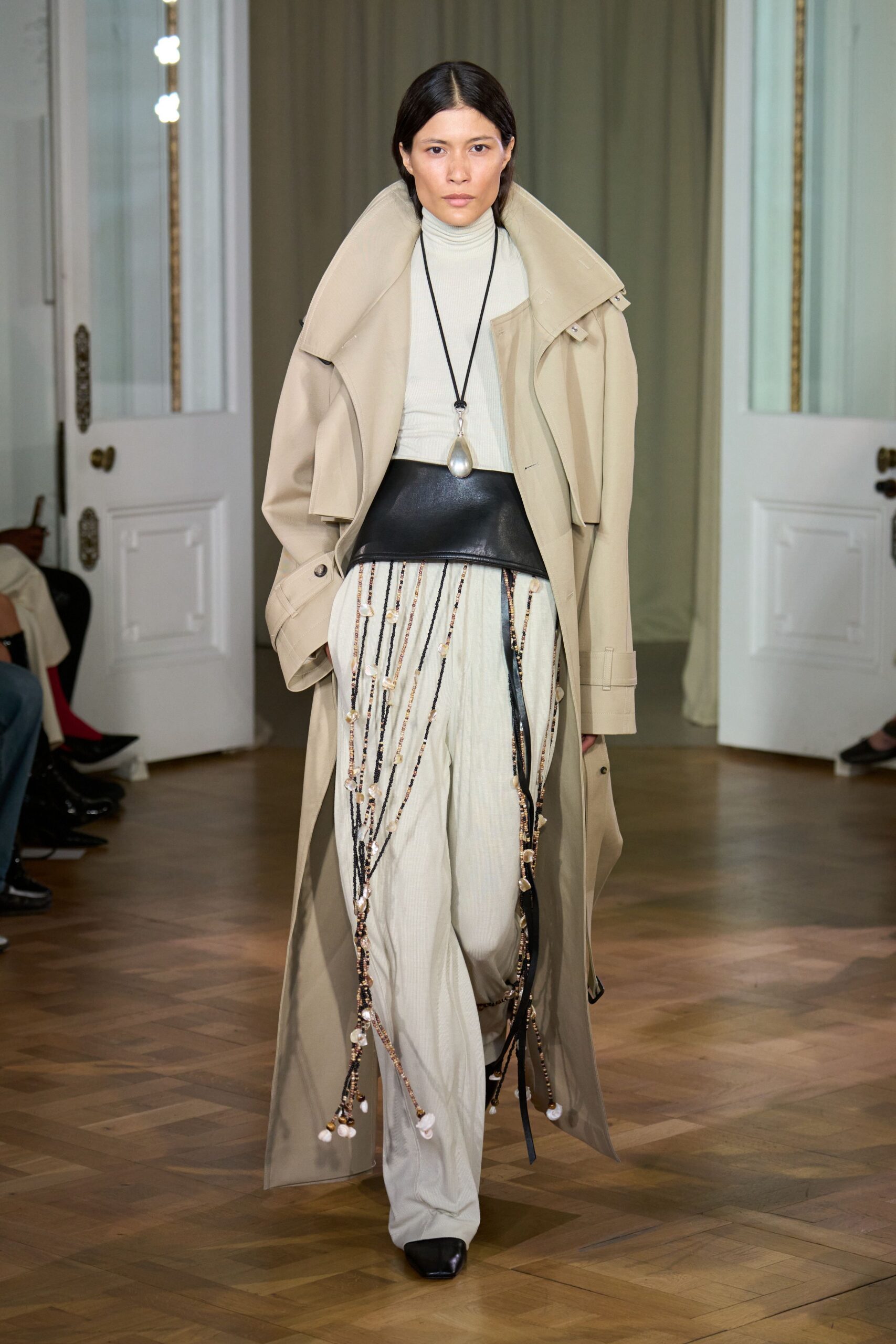 beige cotton long-sleeve collared relaxed buttoned maxi trench