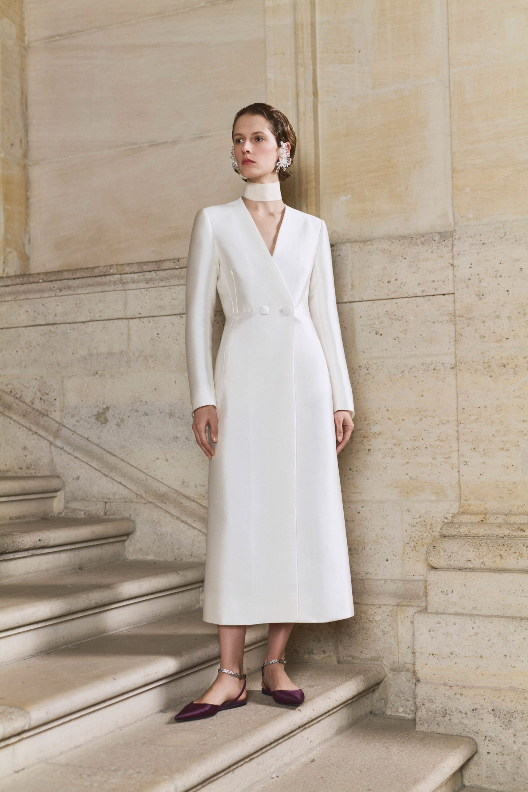 white silk long-sleeve v-neck fitted buttoned midi gown
