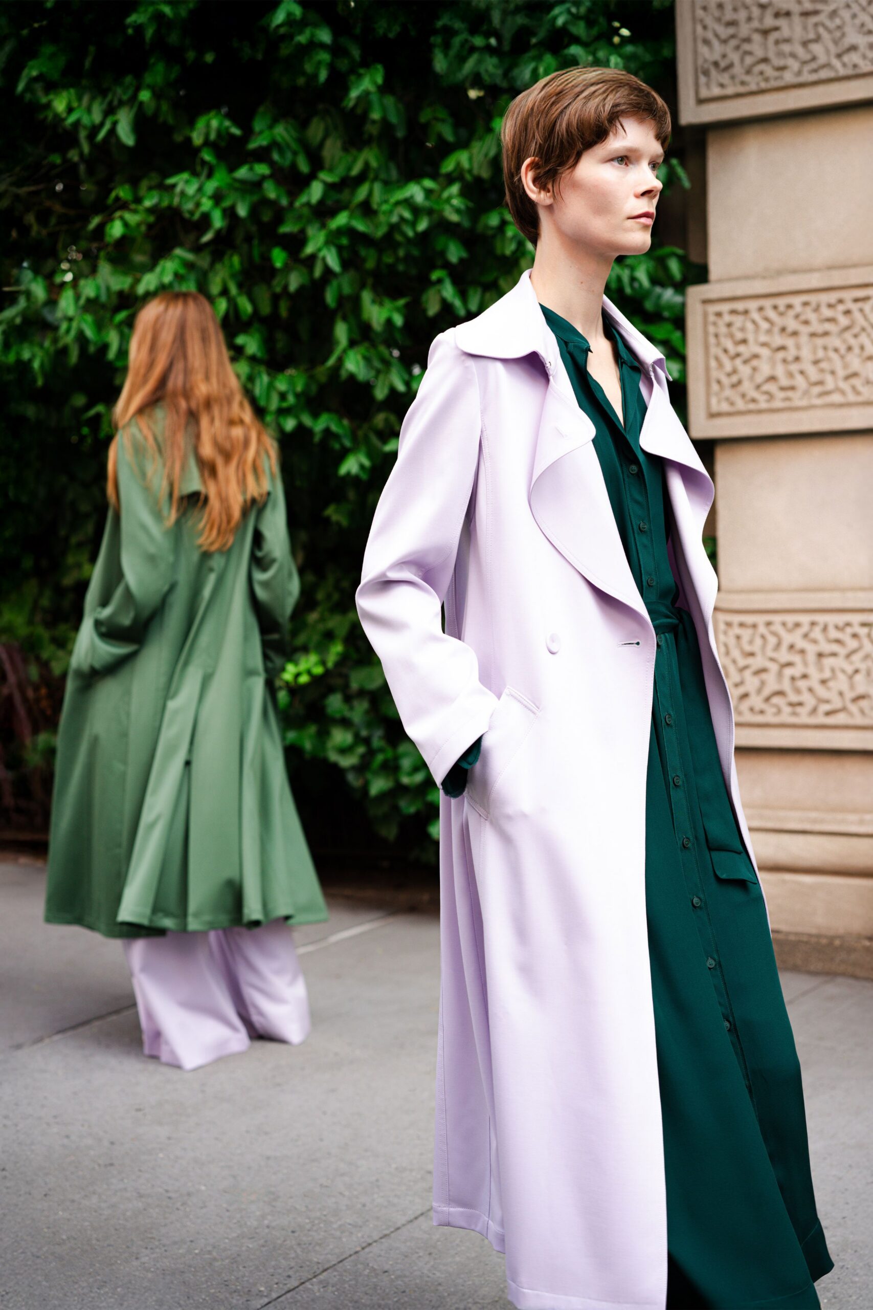 purple long-sleeve collared relaxed buttoned trench
