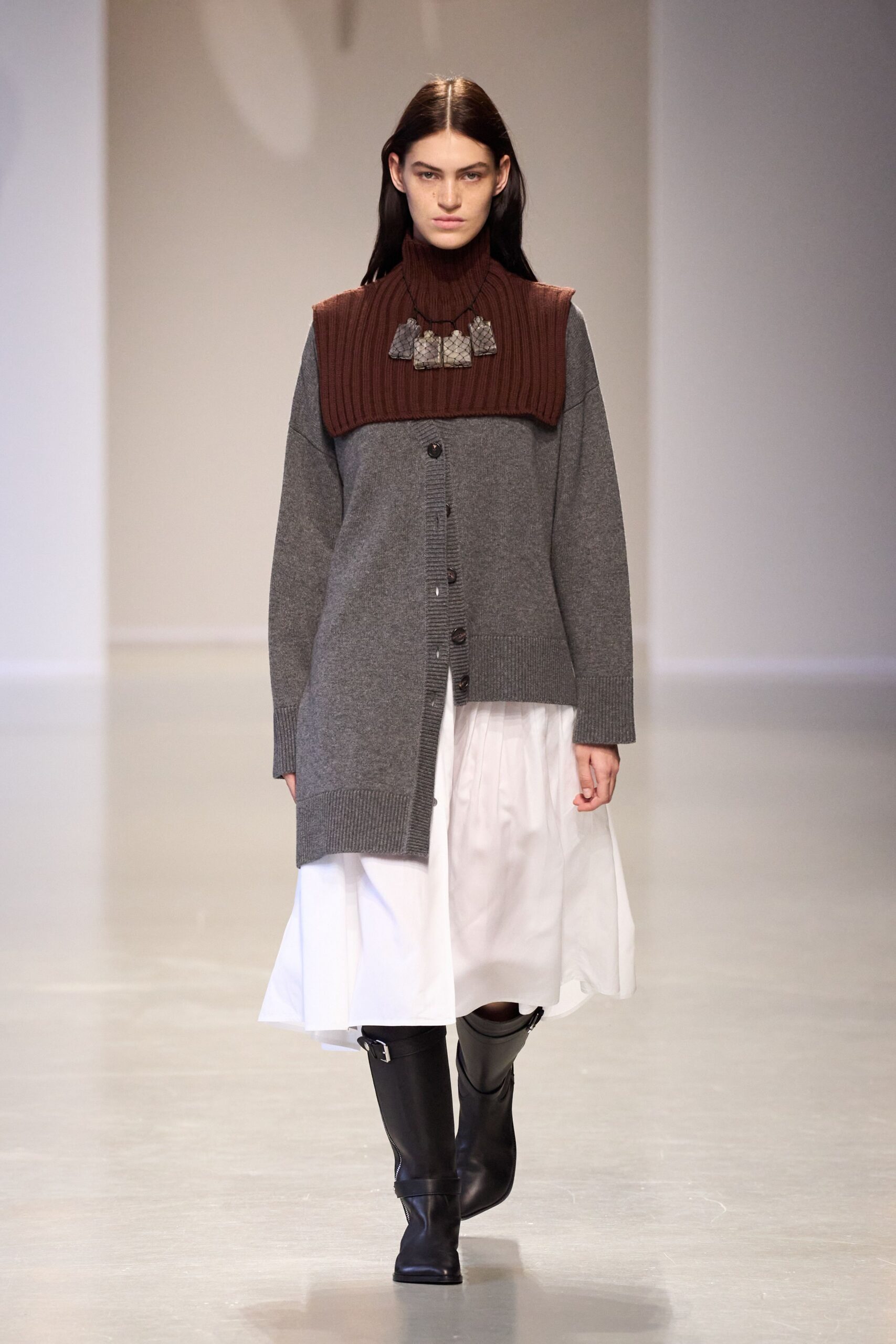 gray cardigan white tiered dress