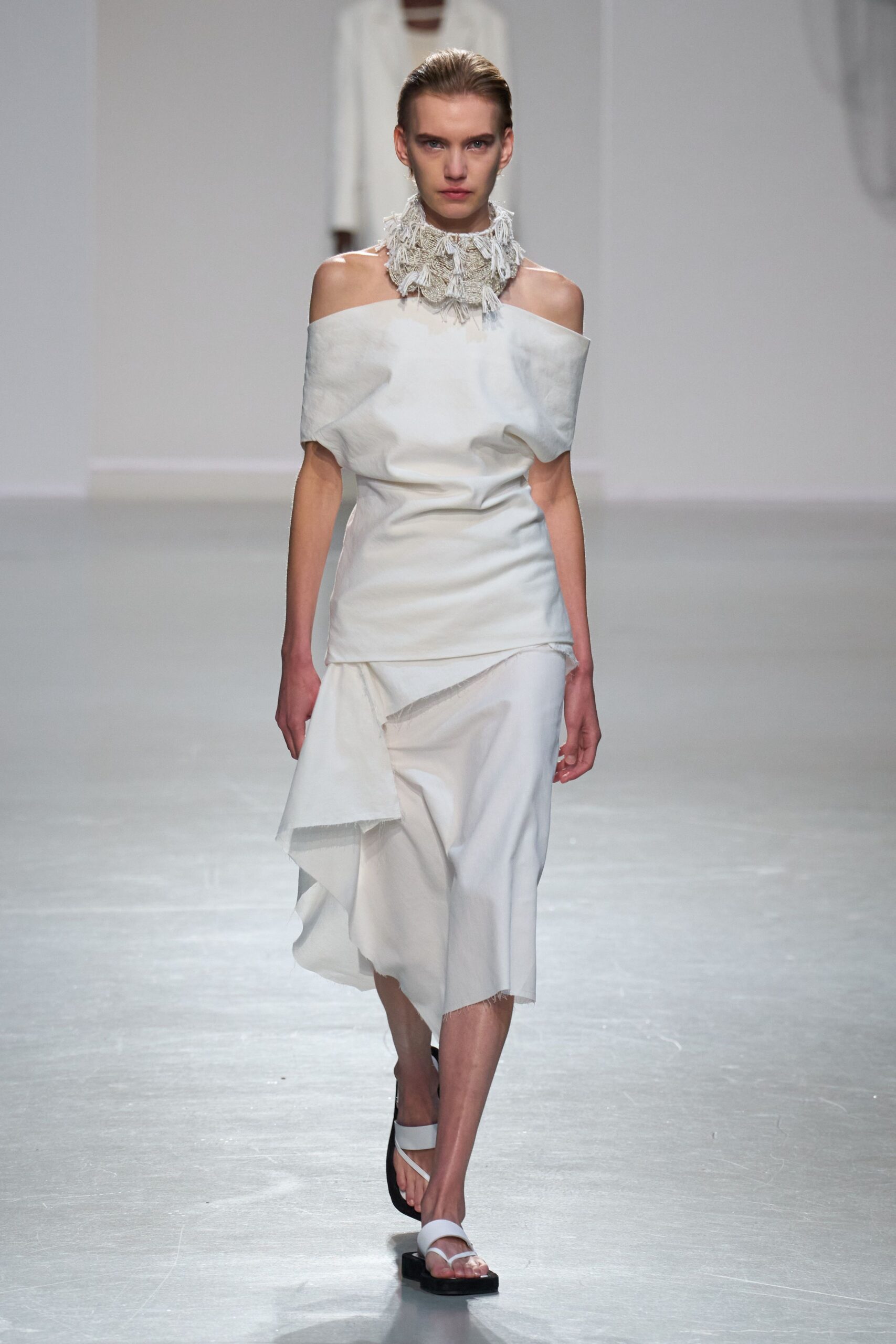 white cotton off-shoulder asymmetric fitted draped midi dress