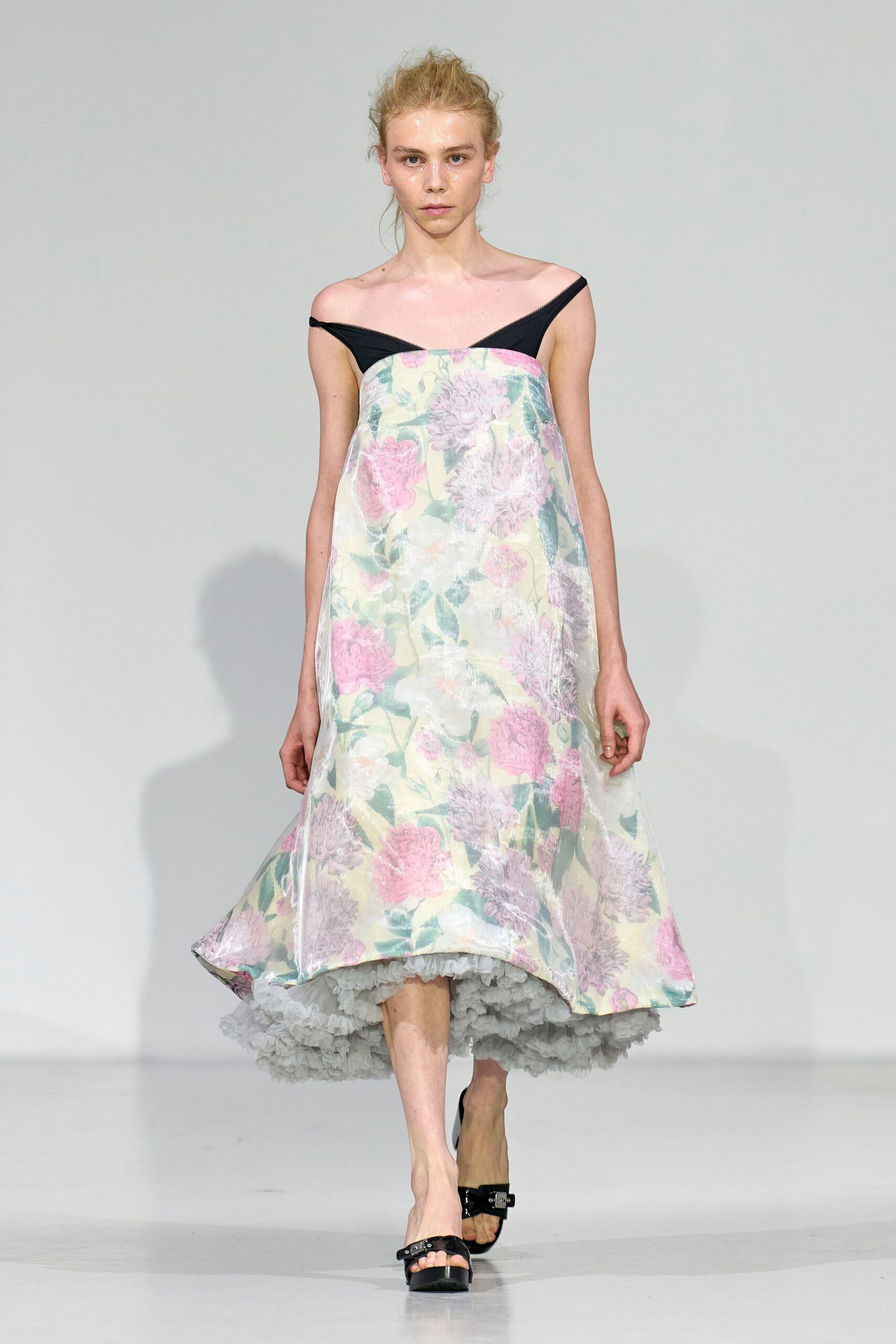 multi silk sleeveless off-shoulder fitted flared midi dress