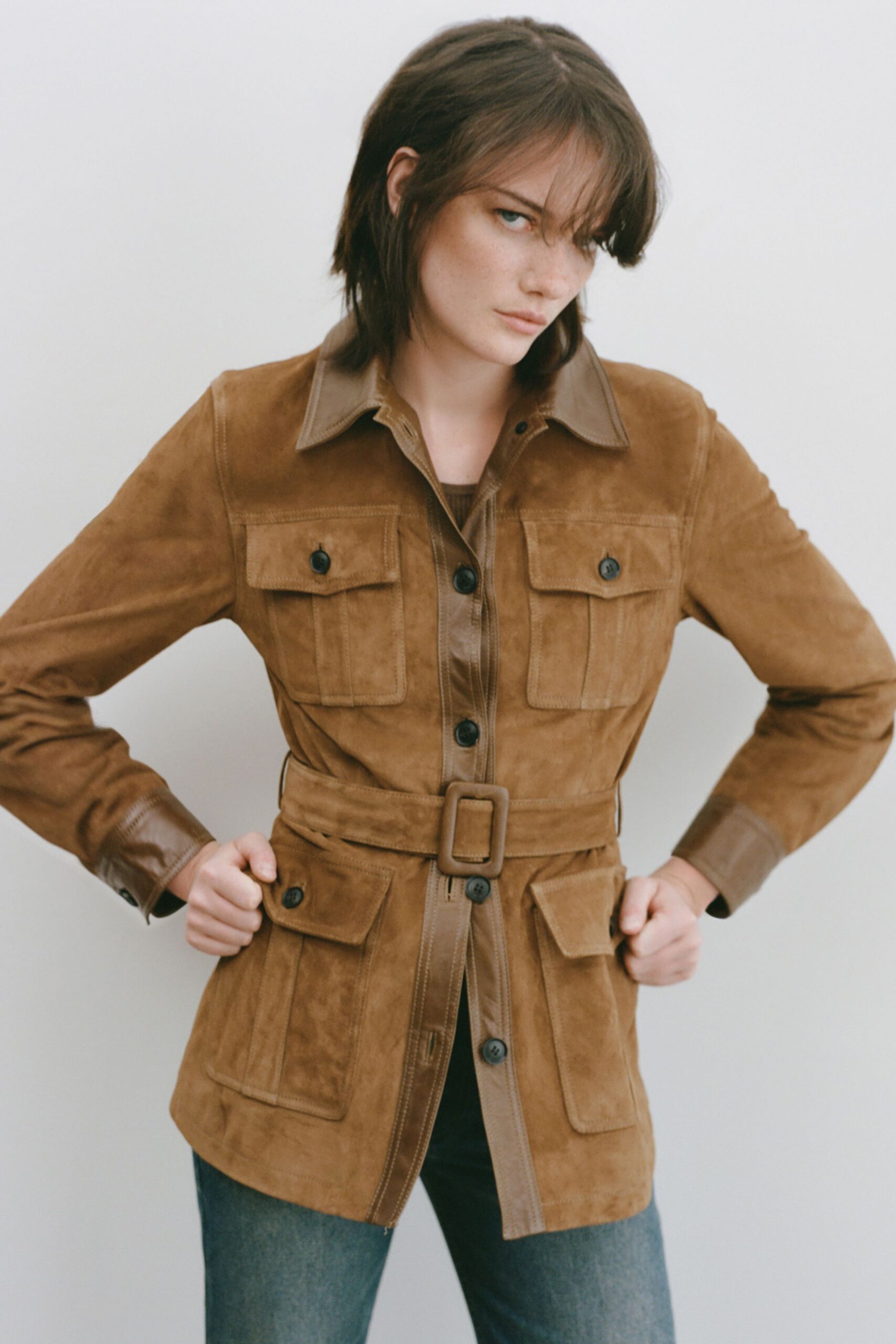 brown suede long-sleeve collared fitted buttoned belted jacket
