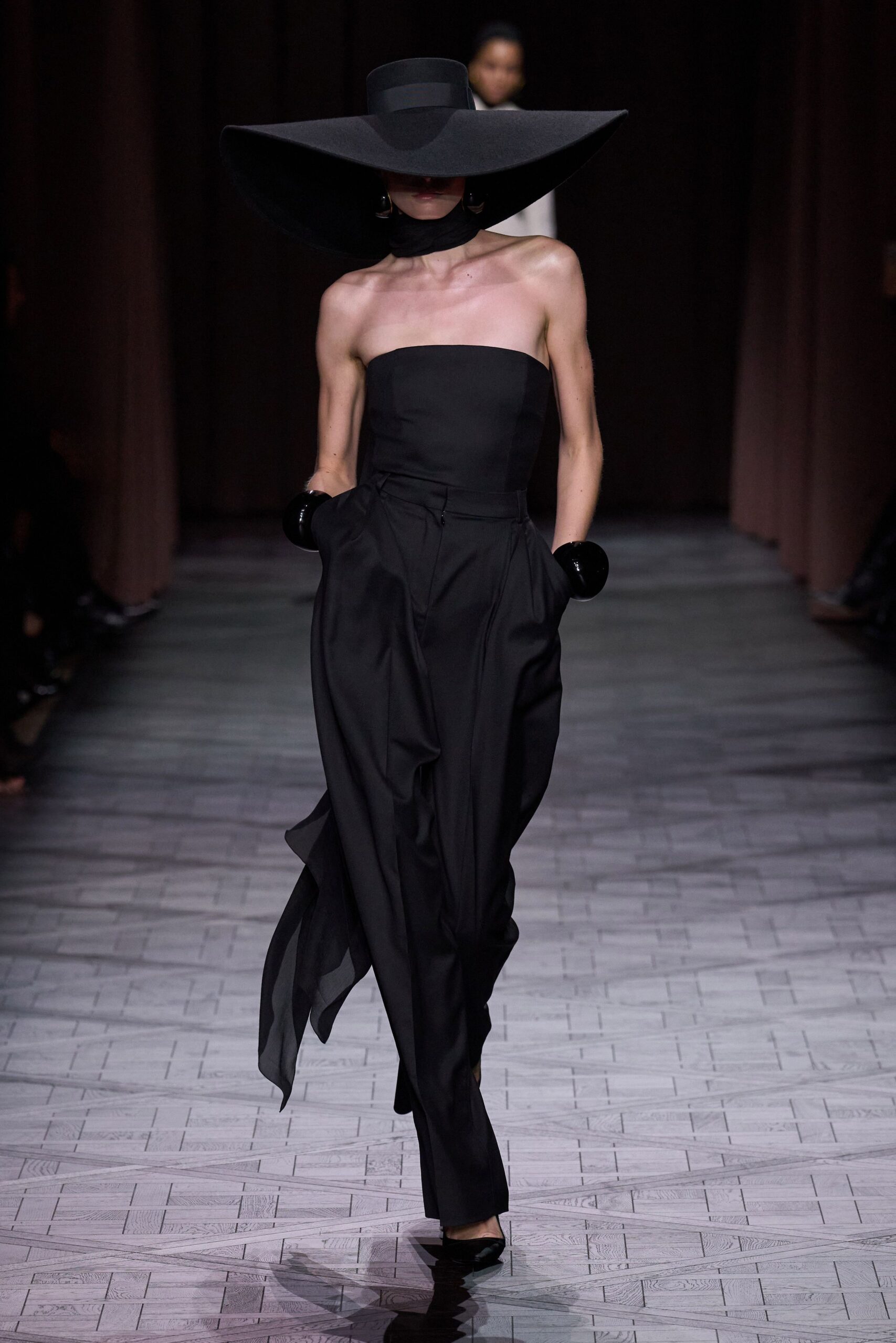 black silk strapless fitted pleated jumpsuit
