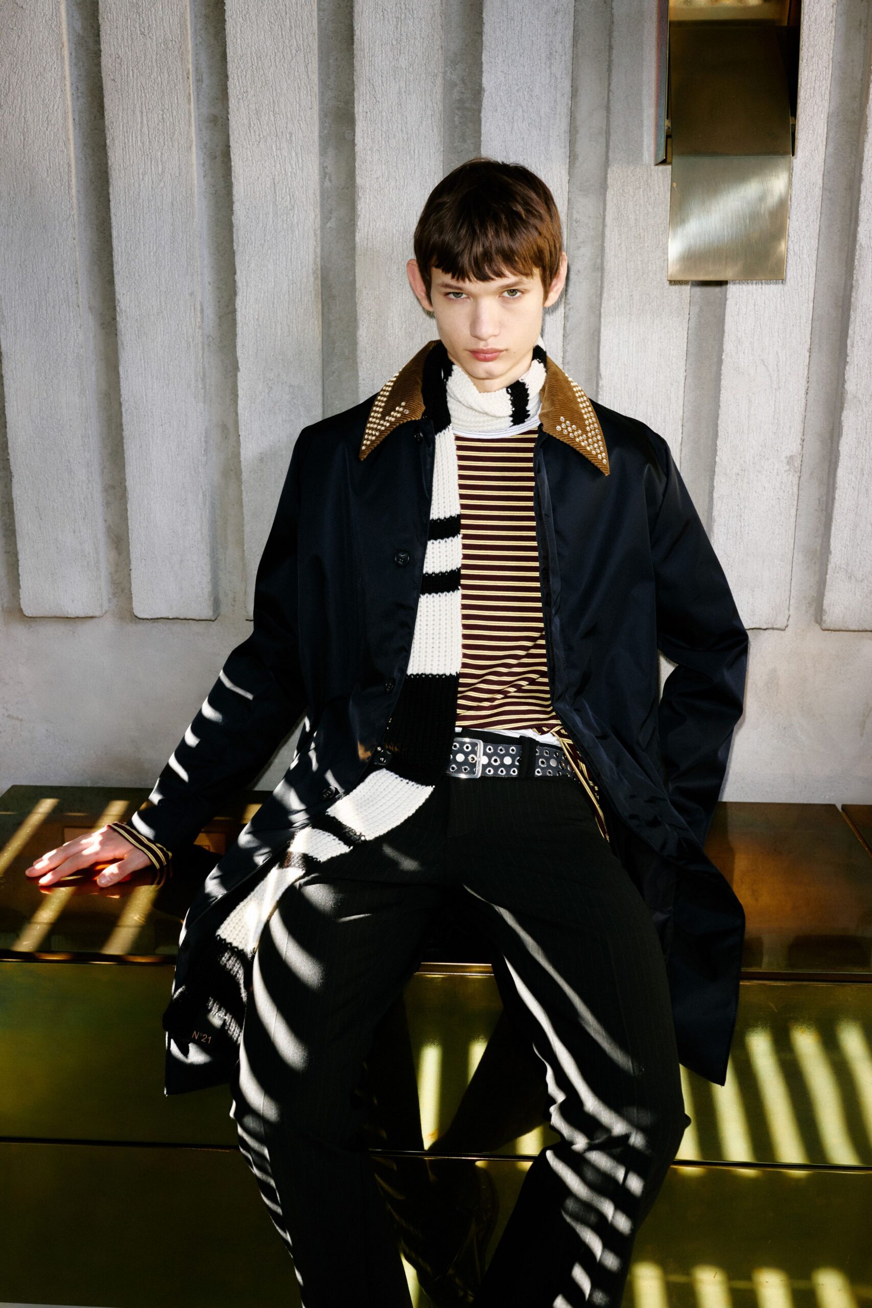 brown cotton long-sleeve turtleneck fitted striped top
