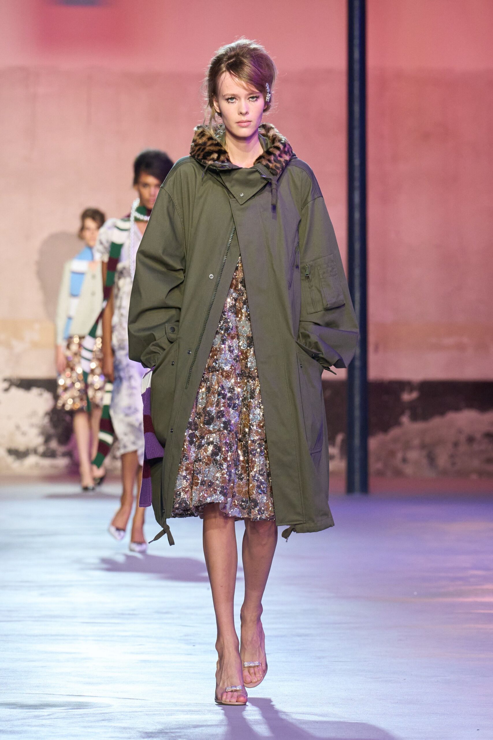 green oversized coat with mini dress