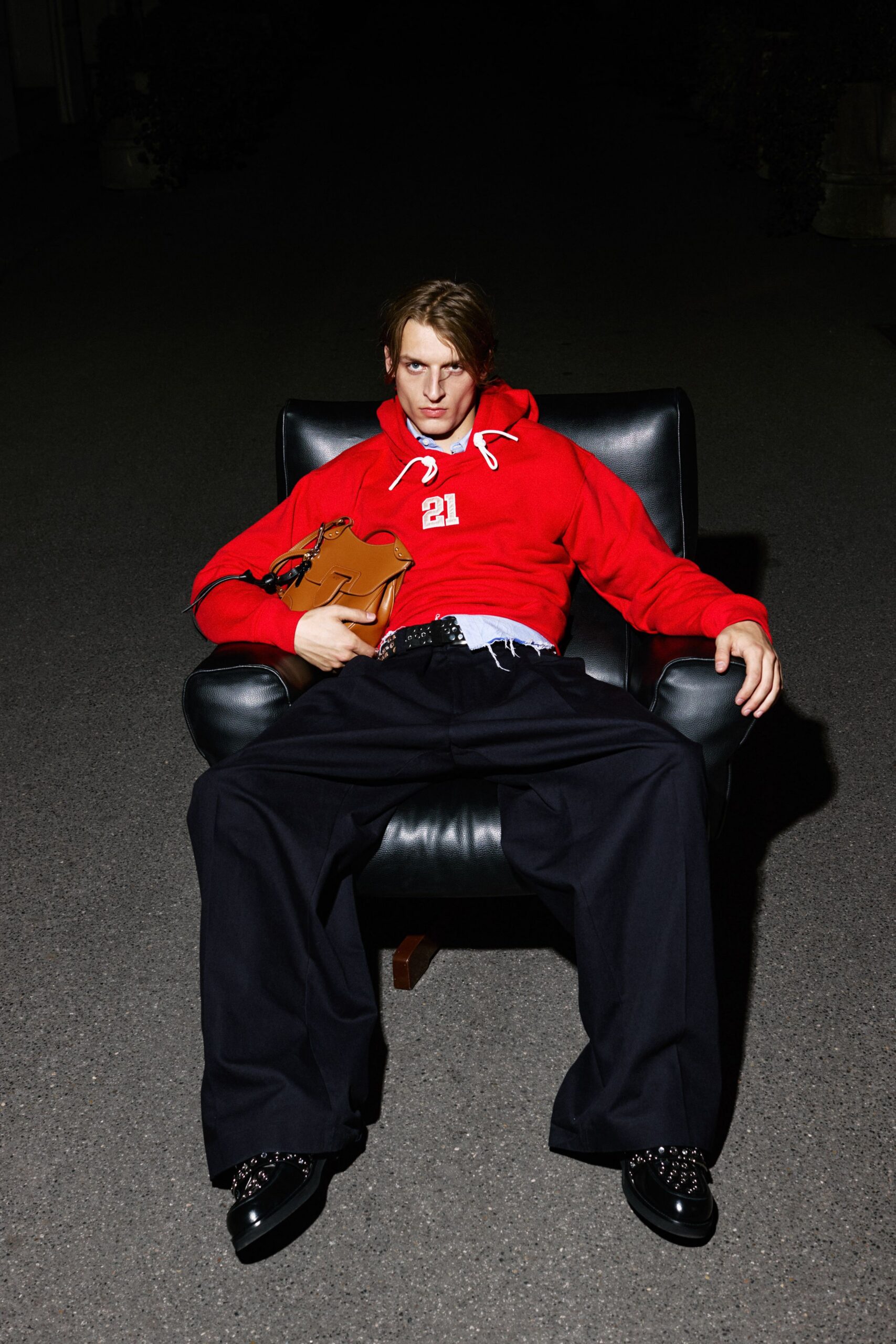 red cotton long-sleeve hooded relaxed hoodie