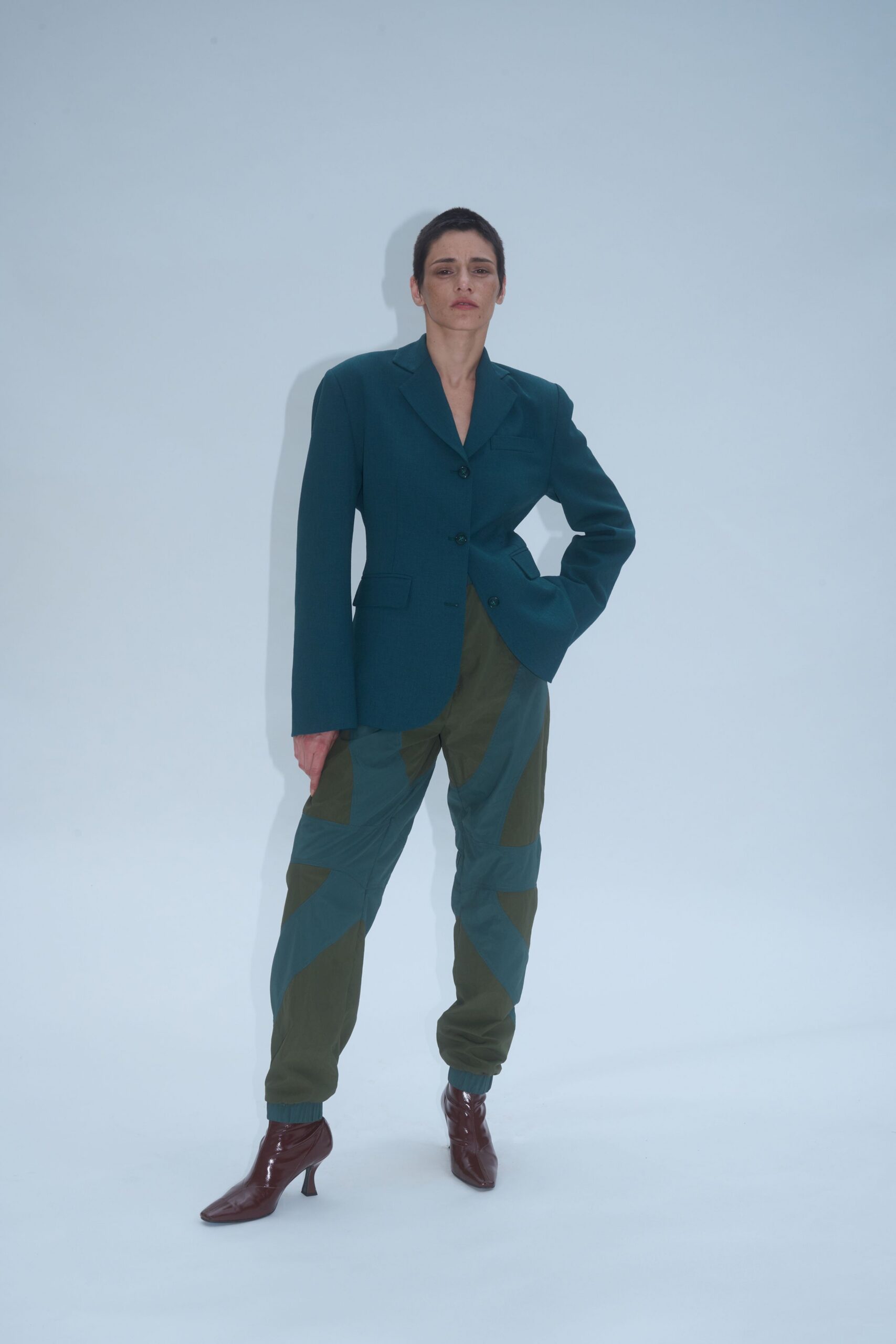 teal tailored blazer green cargo pants
