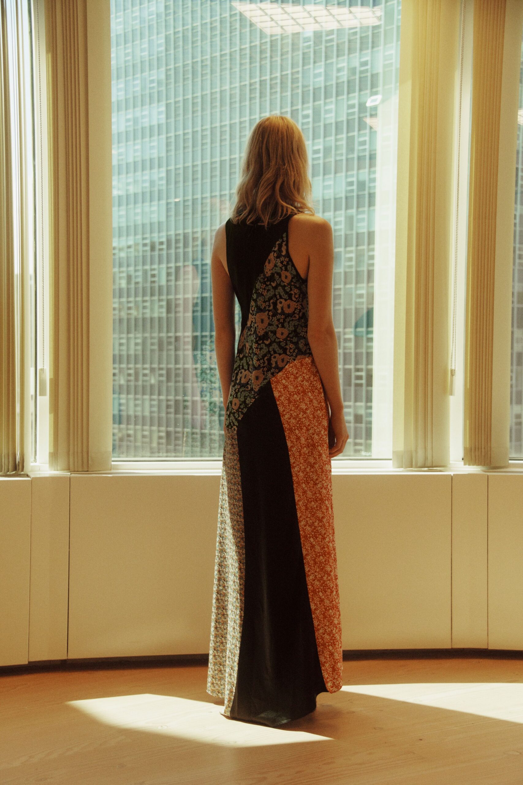 floral color-blocked maxi gown