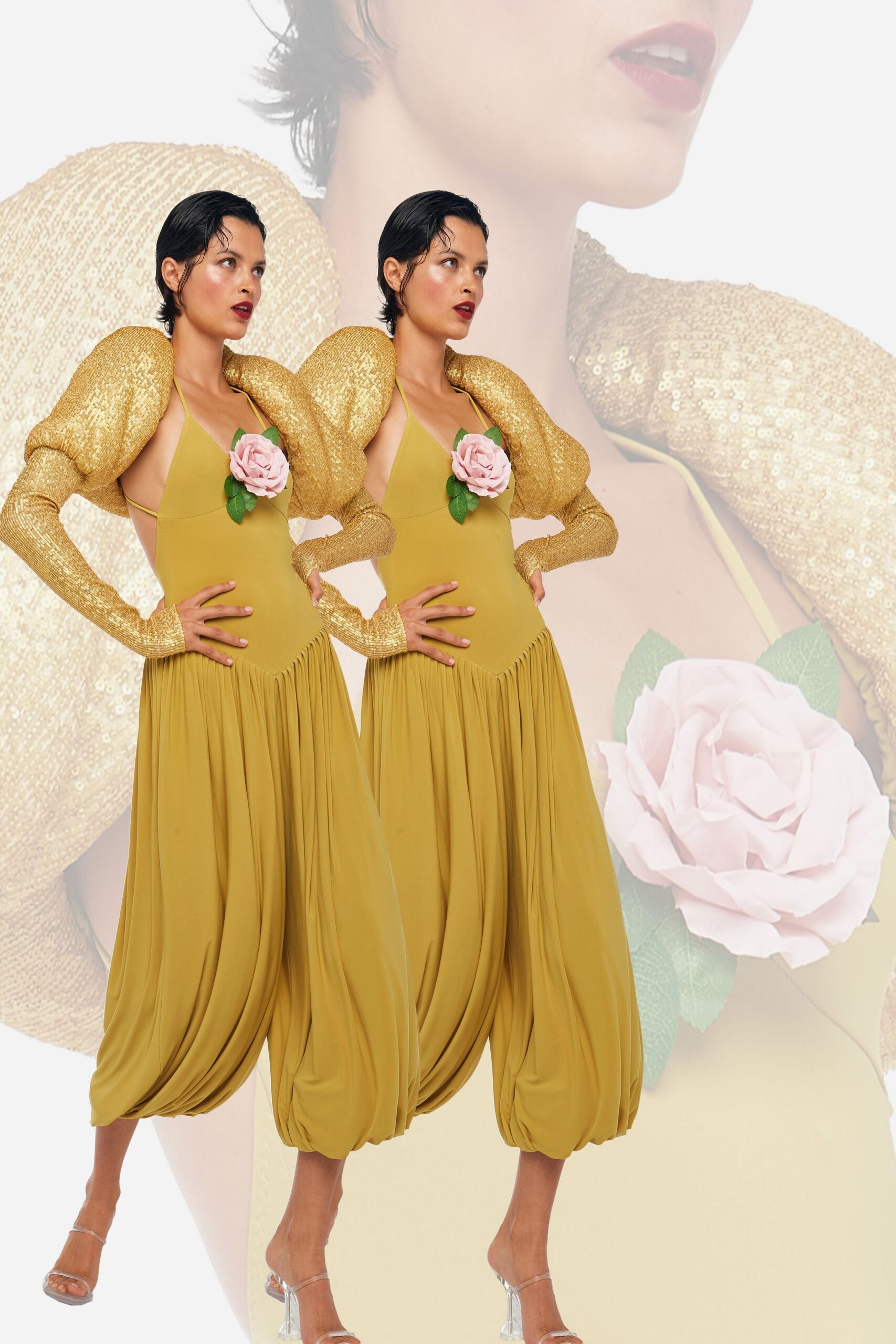 yellow silk sleeveless v-neck relaxed draped pleated dress