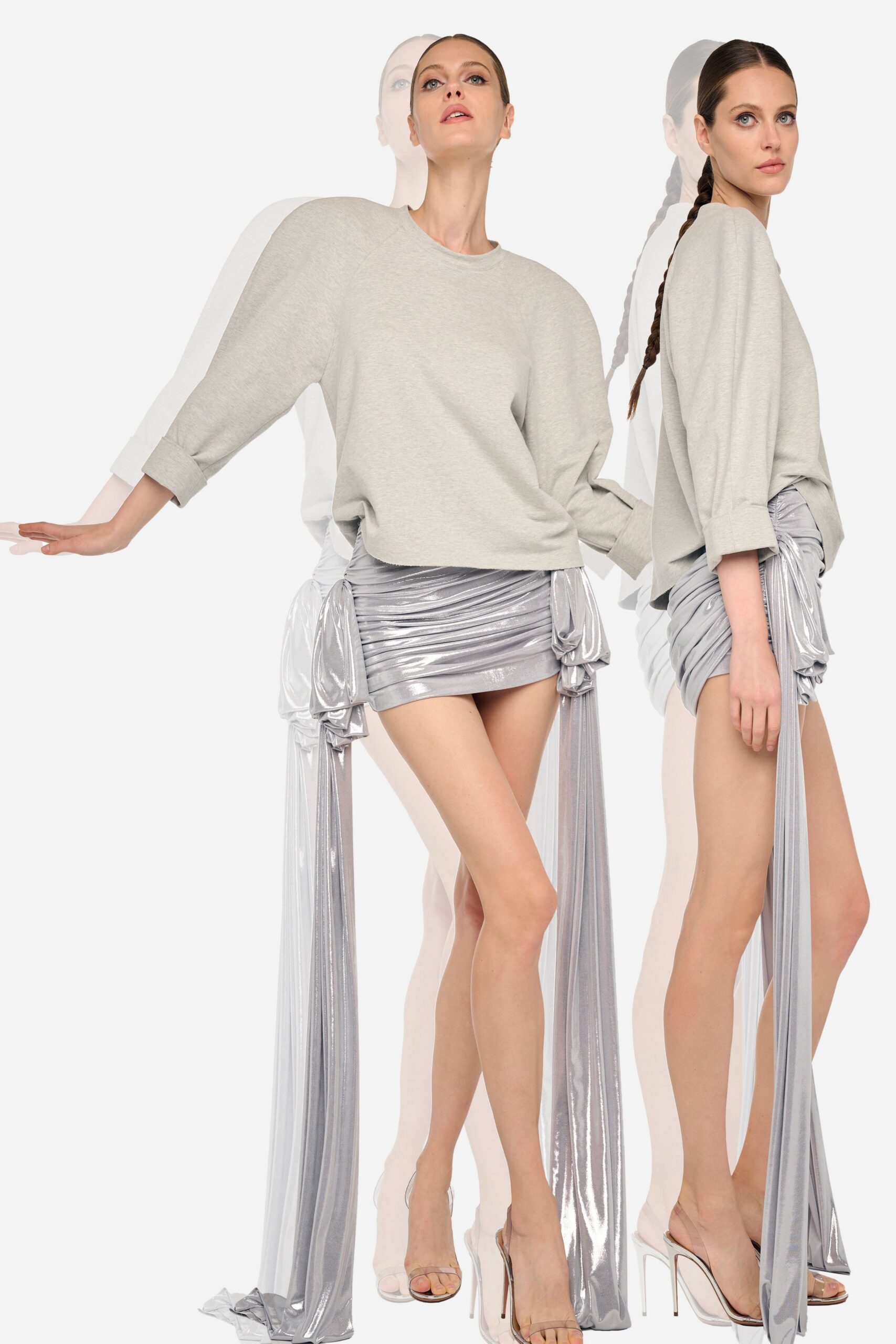 gray relaxed top with silver mini skirt