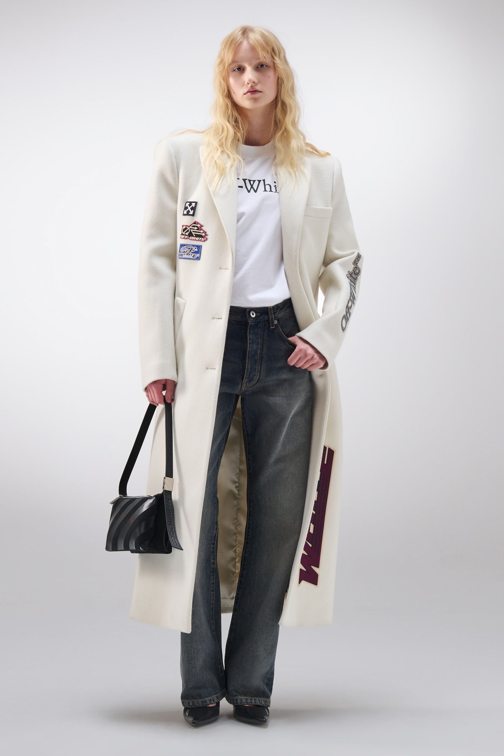 white wool long-sleeve collared oversized buttoned embroidered coat