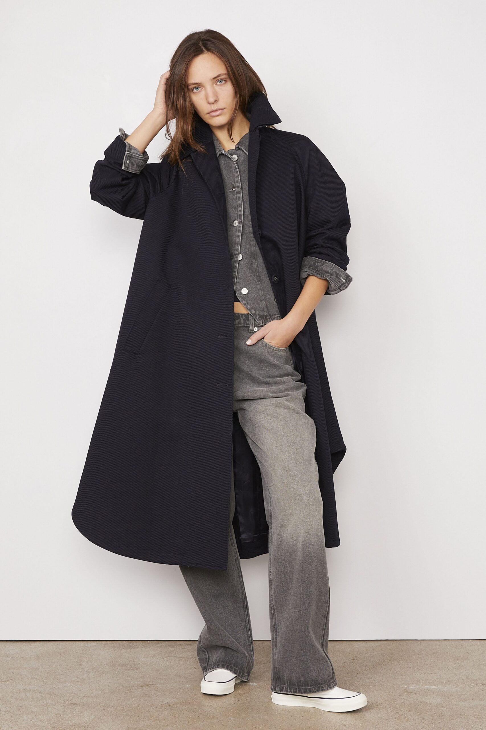 black relaxed coat with gray denim