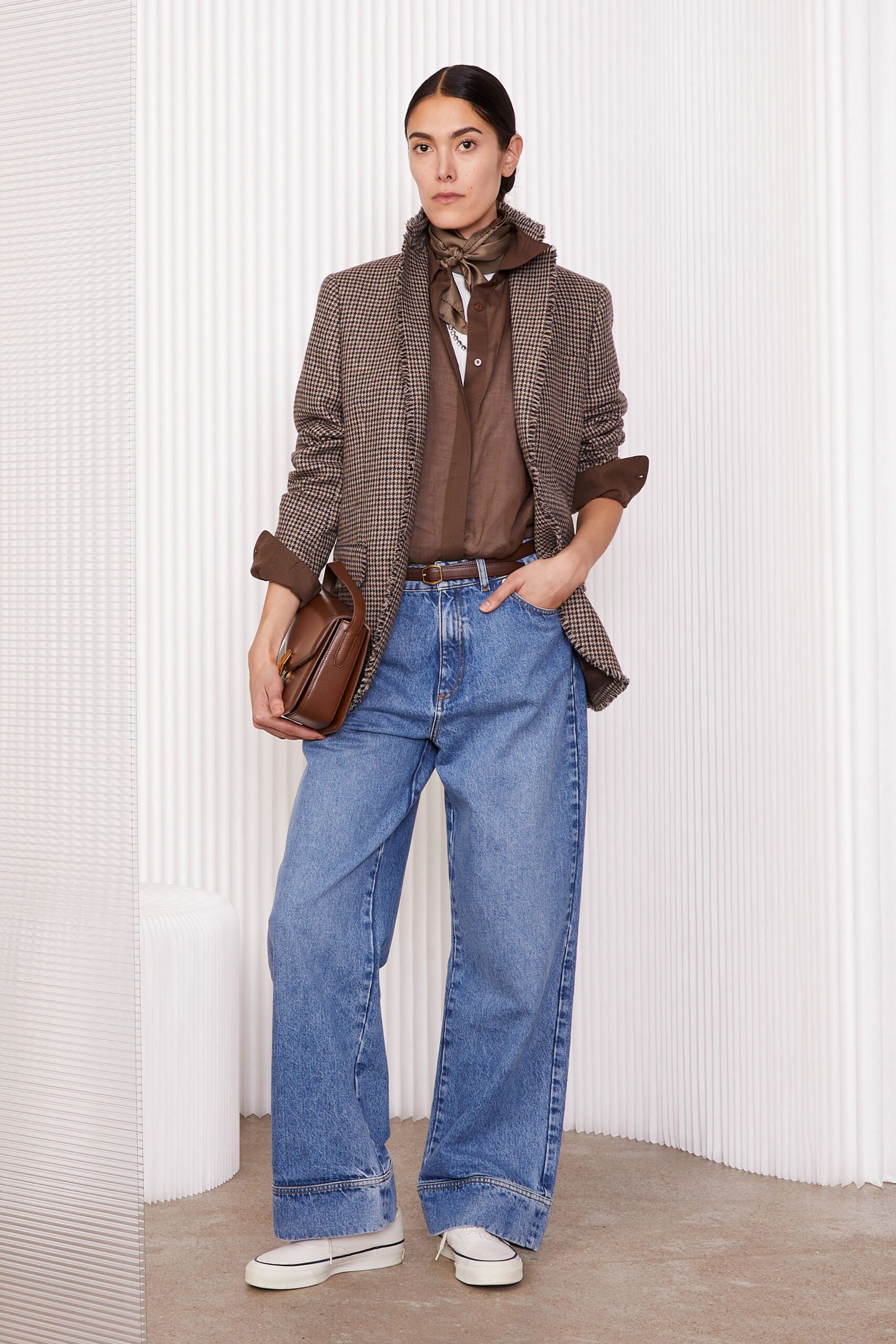 brown tweed long-sleeve collared structured checked buttoned blazer