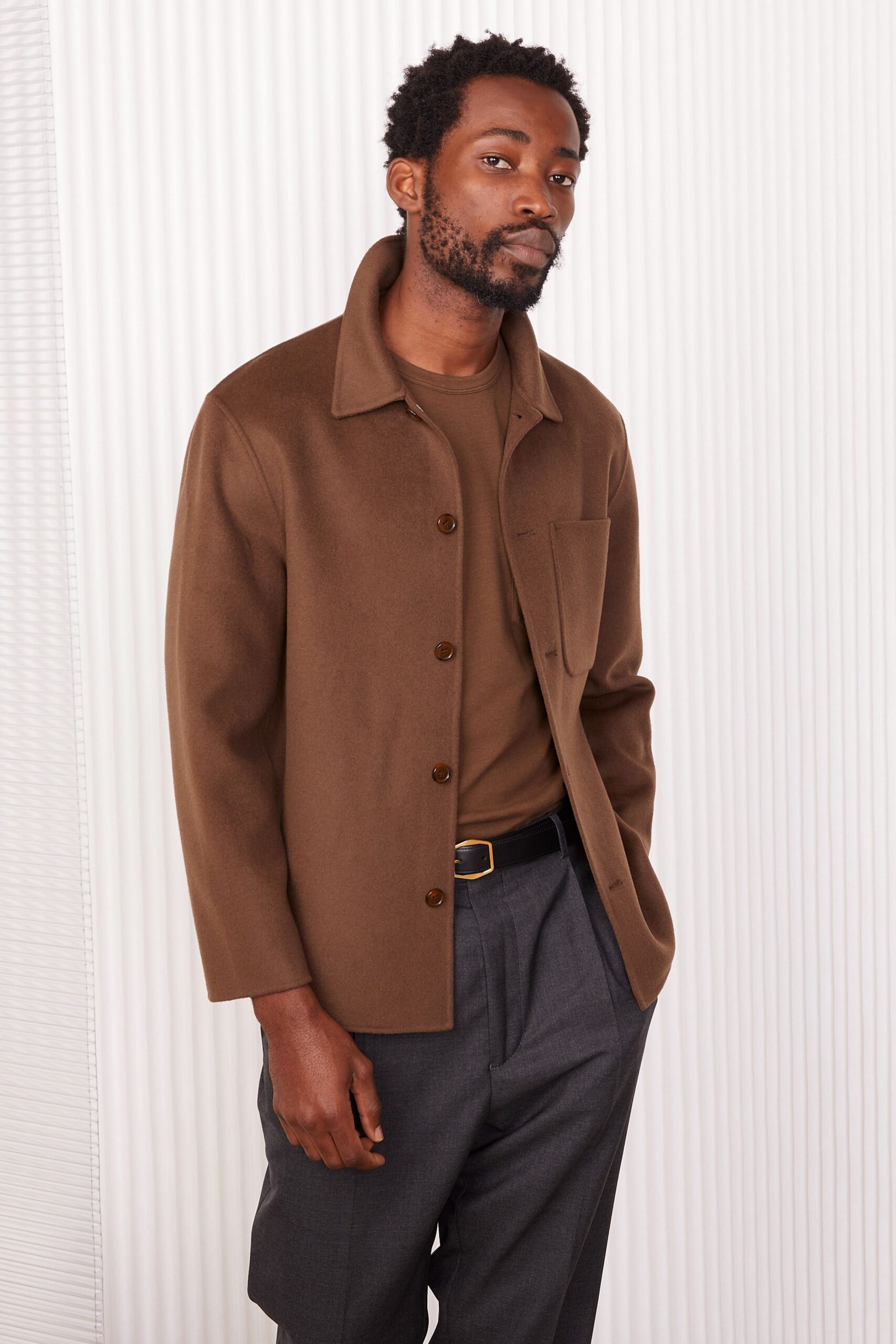 brown wool long-sleeve collared relaxed buttoned jacket
