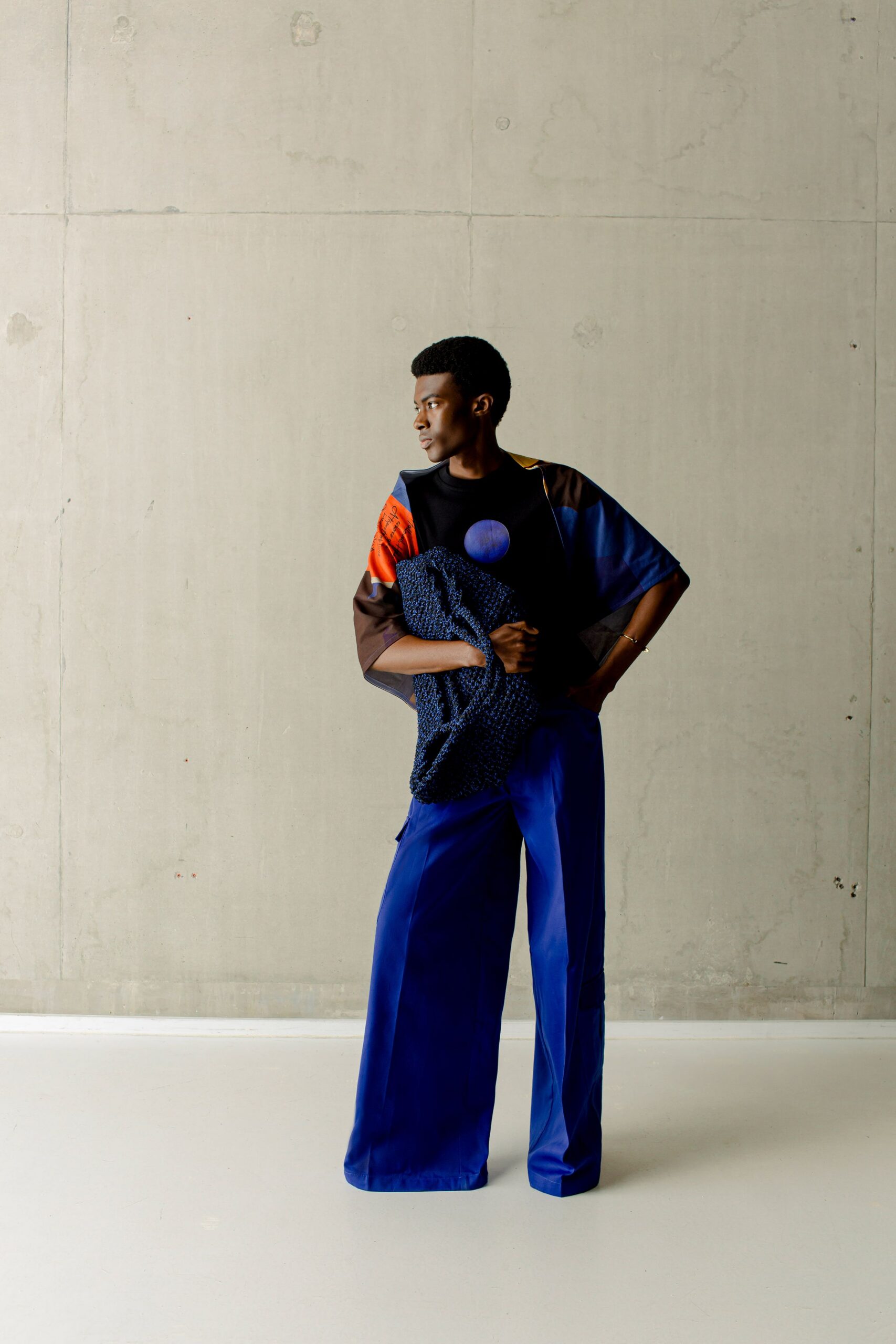 blue printed top and wide-leg pants