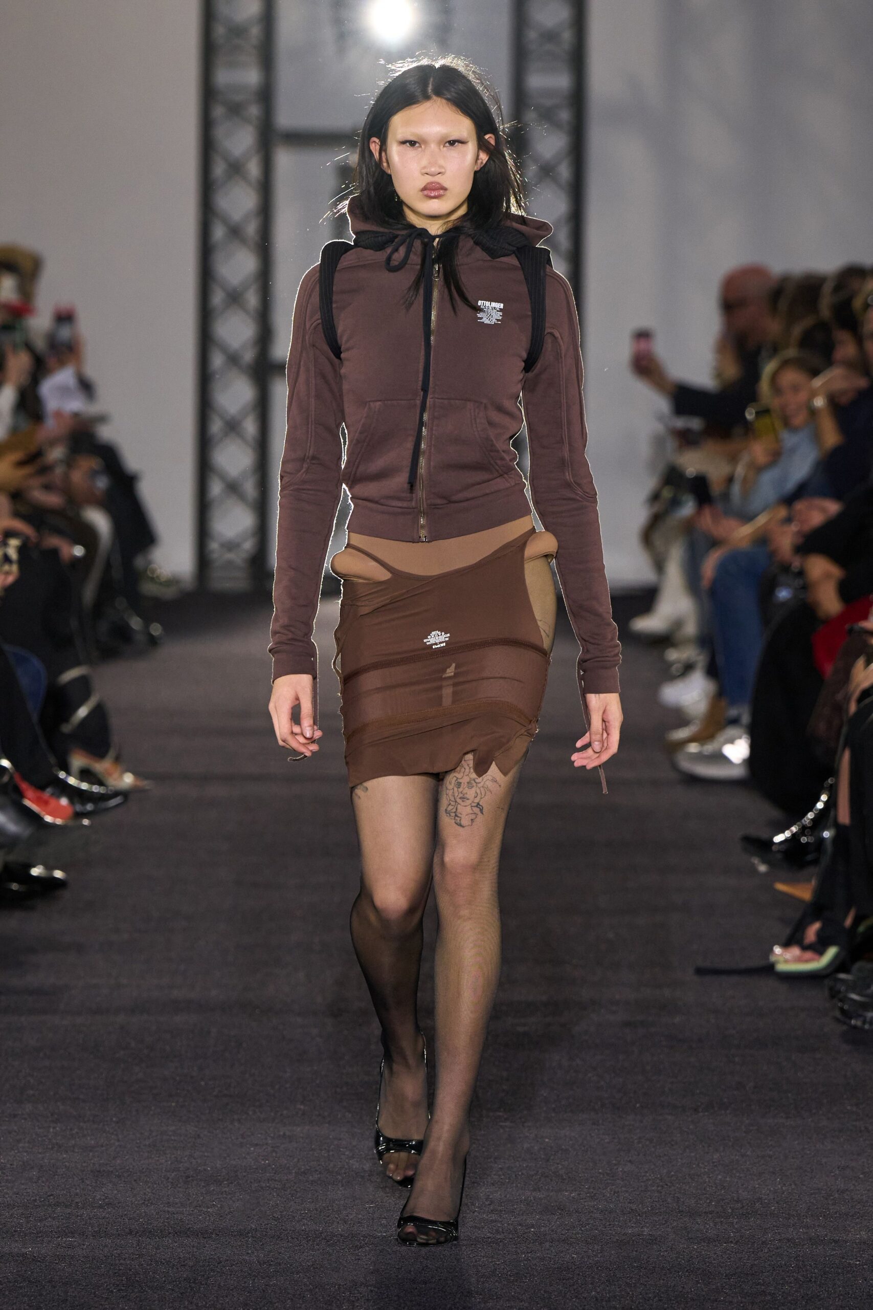 brown fitted hoodie and mini skirt