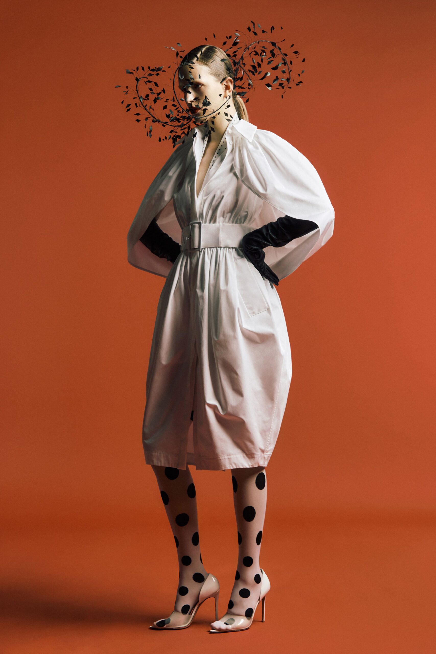 white cotton long-sleeve collared fitted belted pockets dress