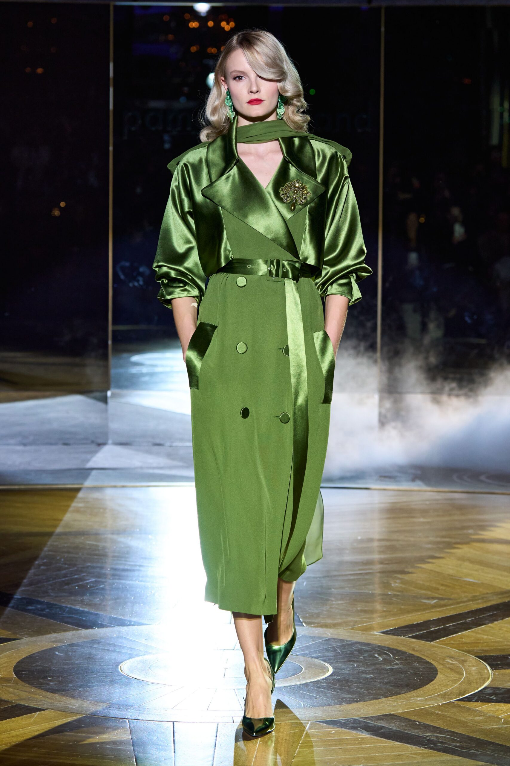 green silk long-sleeve collared relaxed belted midi coat