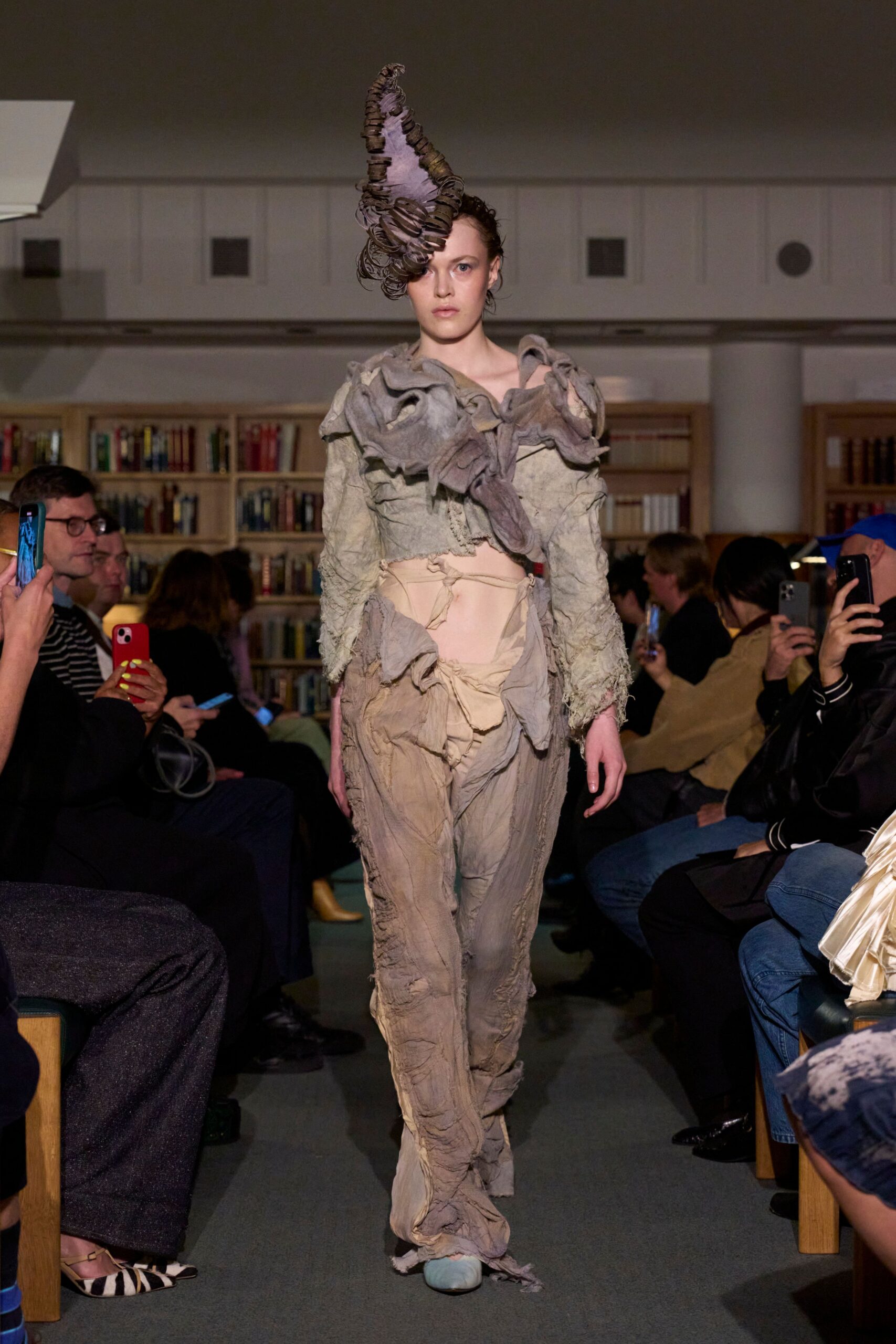 beige cotton long-sleeve fitted layered ruffled jumpsuit