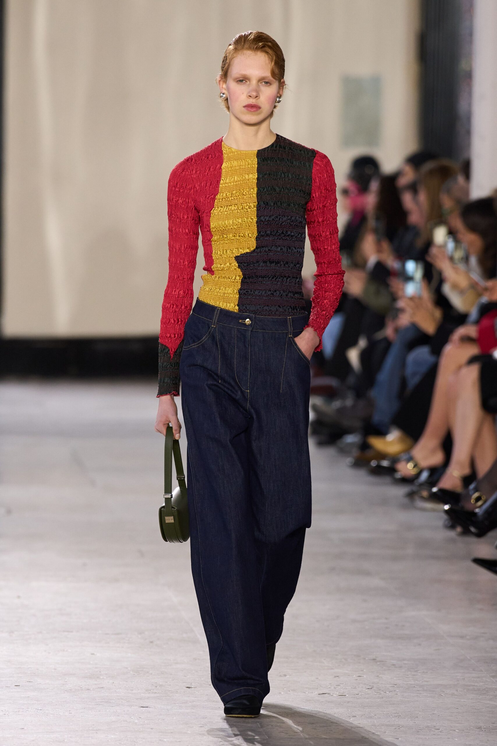 red cotton long-sleeve high-neck fitted pleated color-blocked top