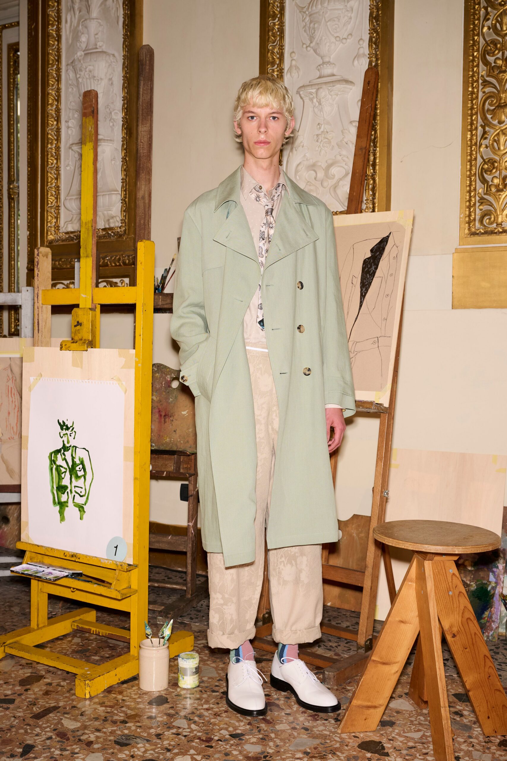 green cotton long-sleeve collared relaxed coat