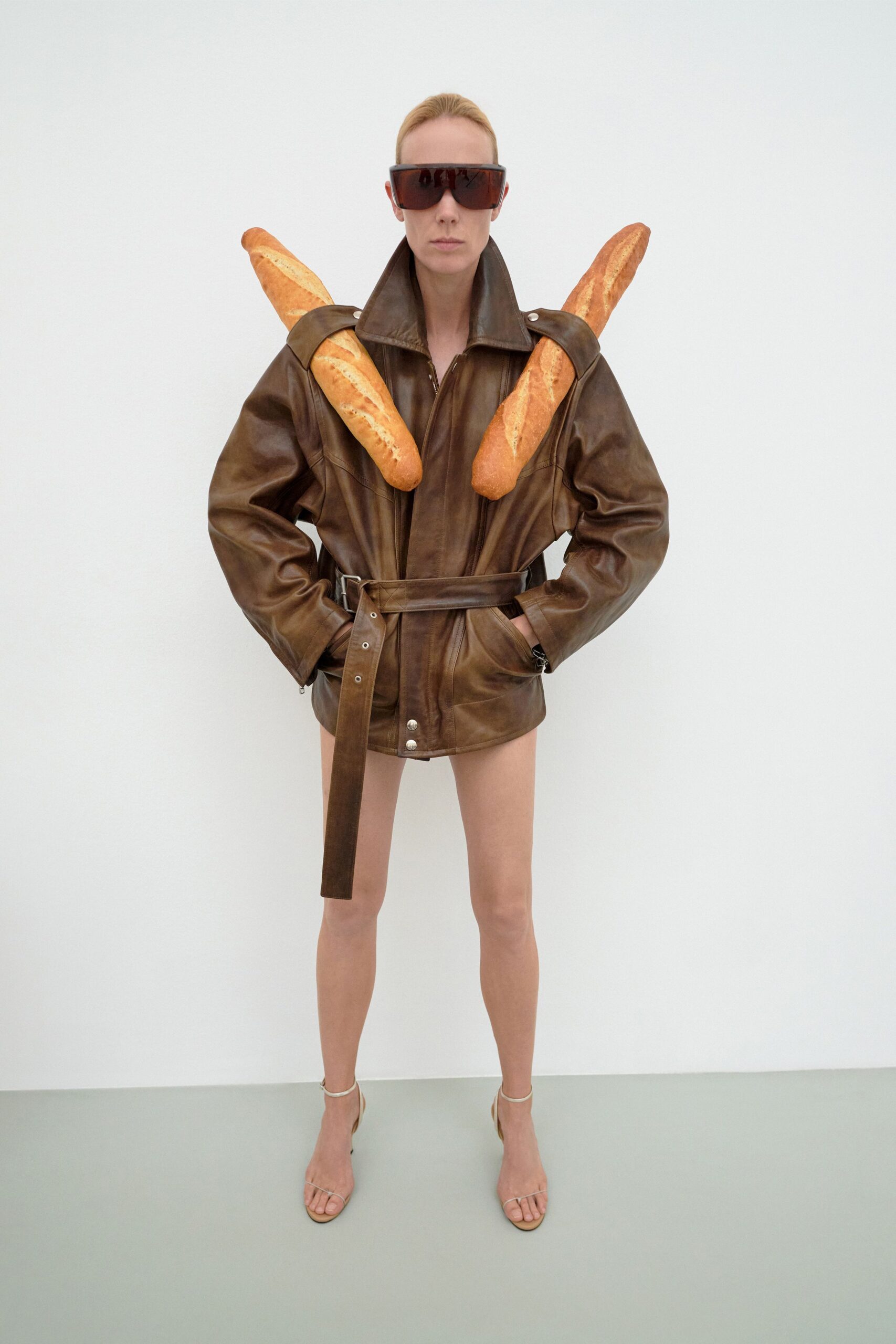 brown leather long-sleeve collared fitted zippered belted jacket