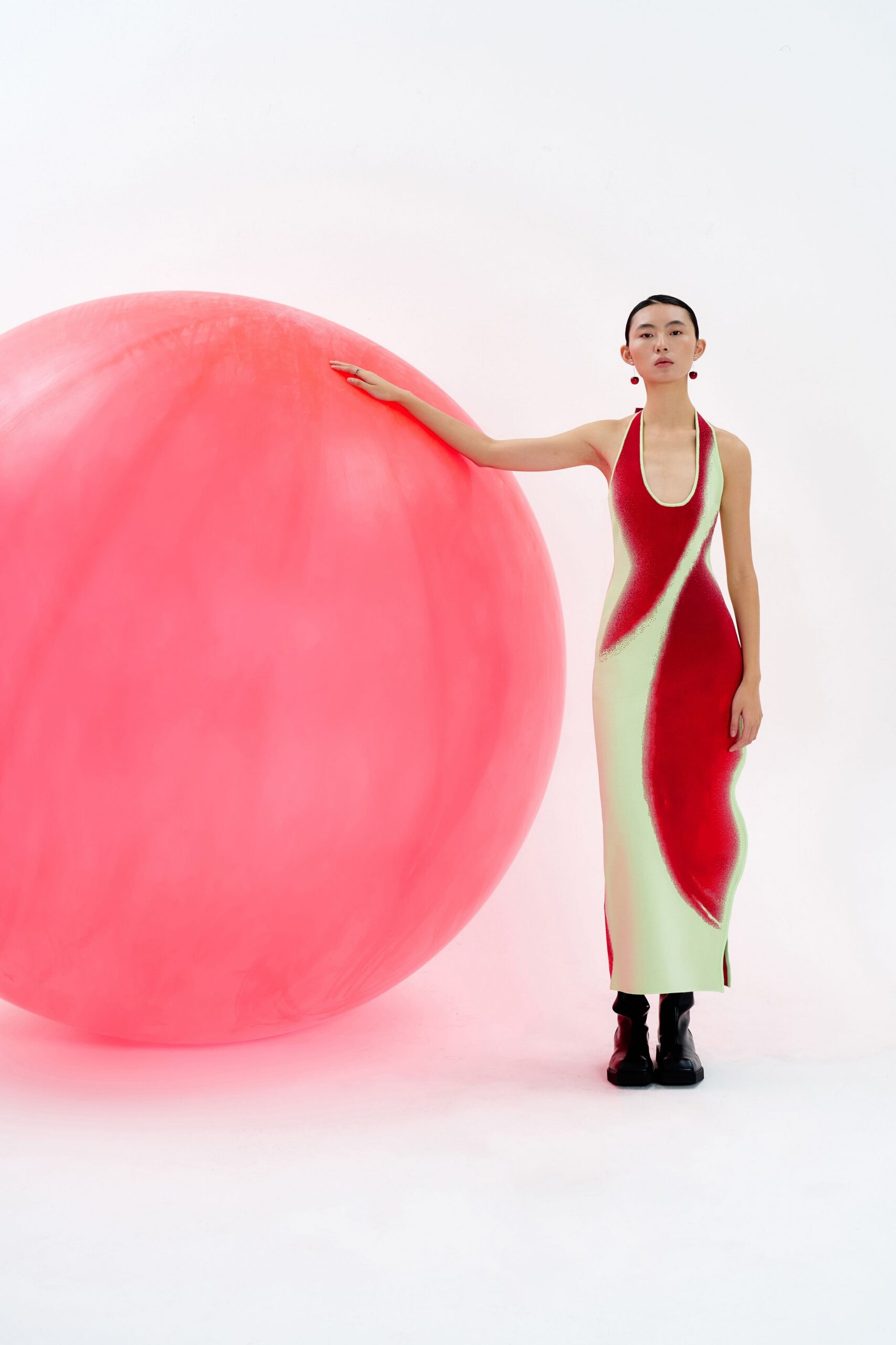 red cotton sleeveless halter fitted printed maxi dress