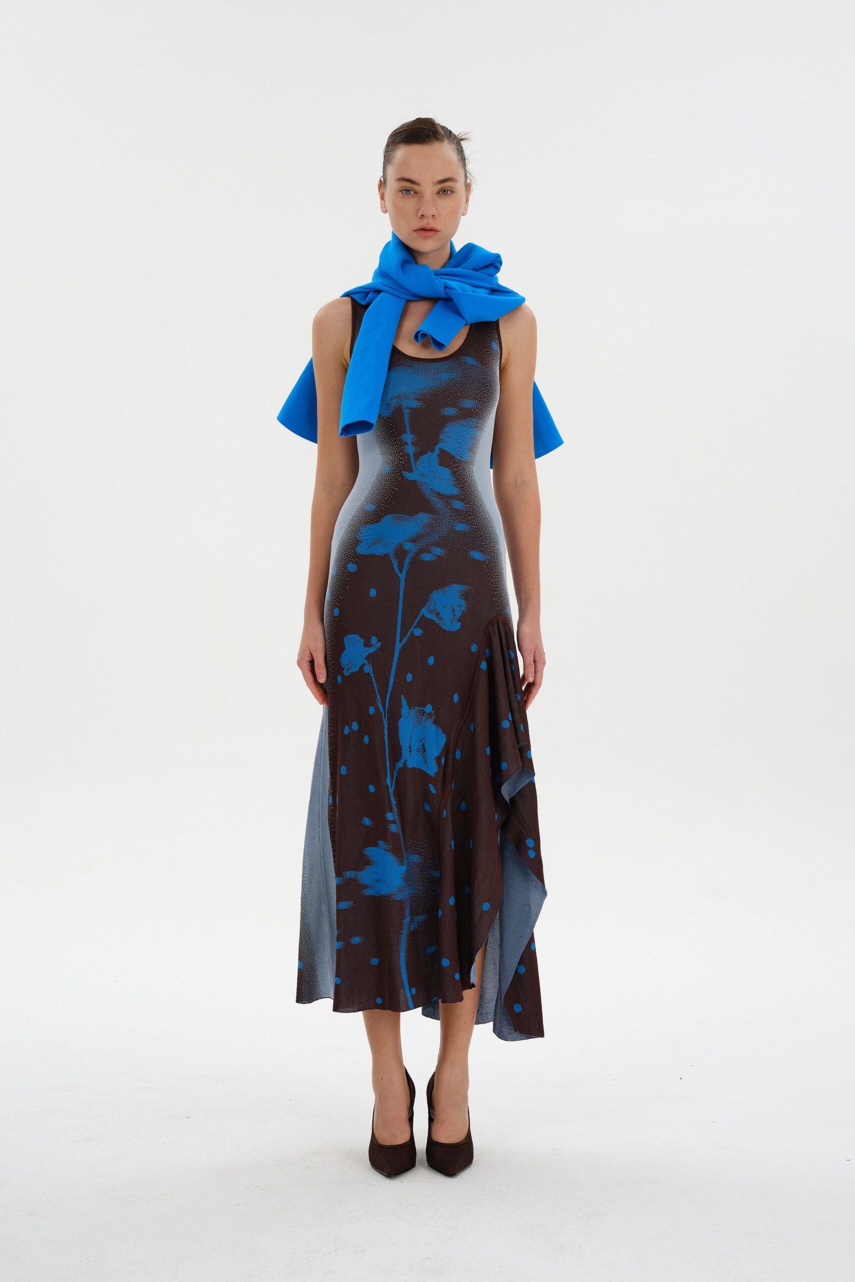 blue silk sleeveless v-neck fitted flared printed dress