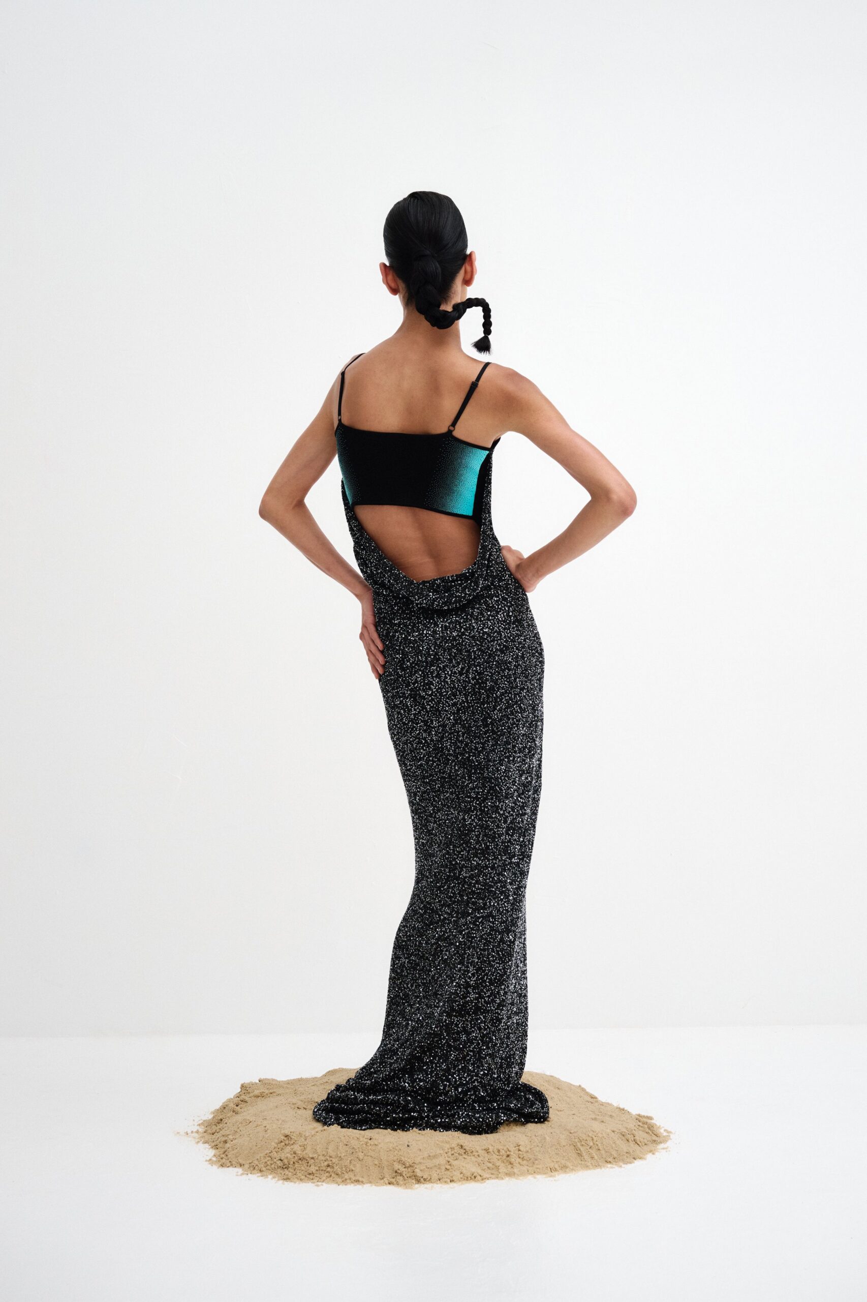 black and teal backless gown