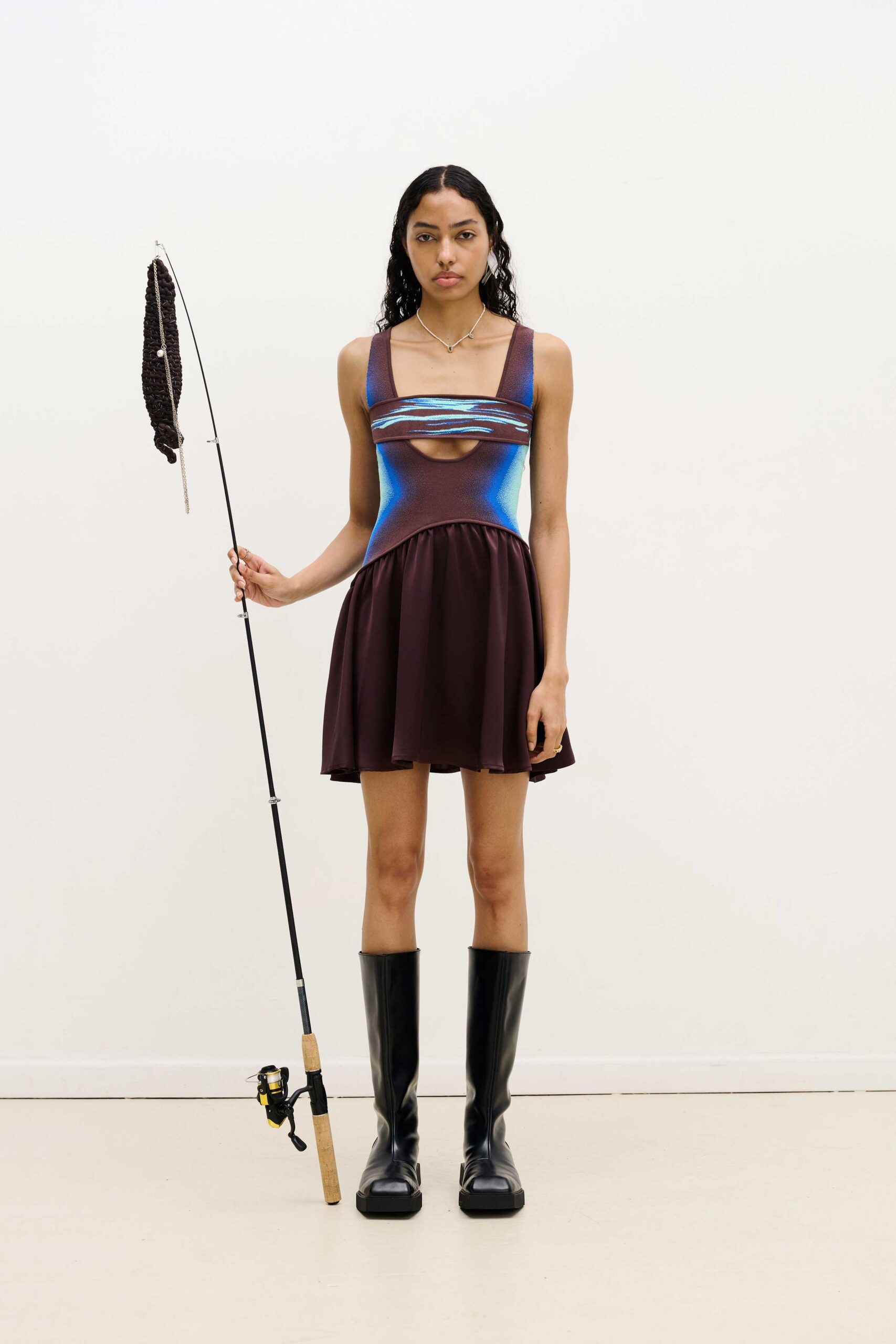 blue and brown mini dress with black boots