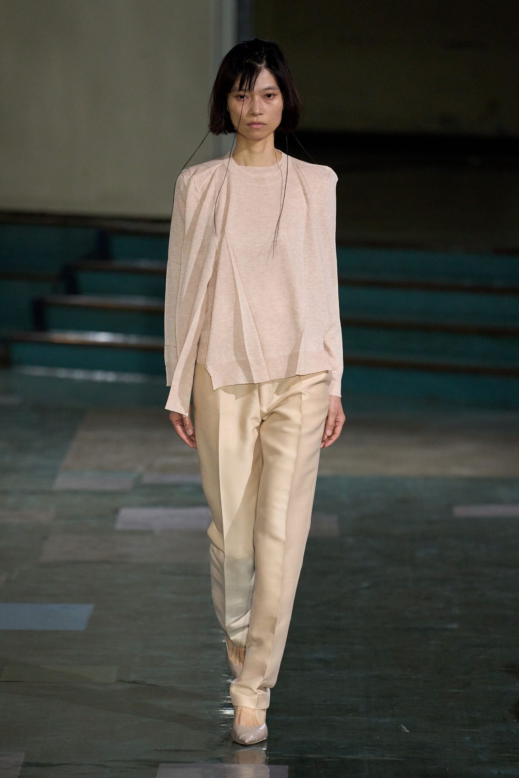 beige cotton long-sleeve relaxed draped top
