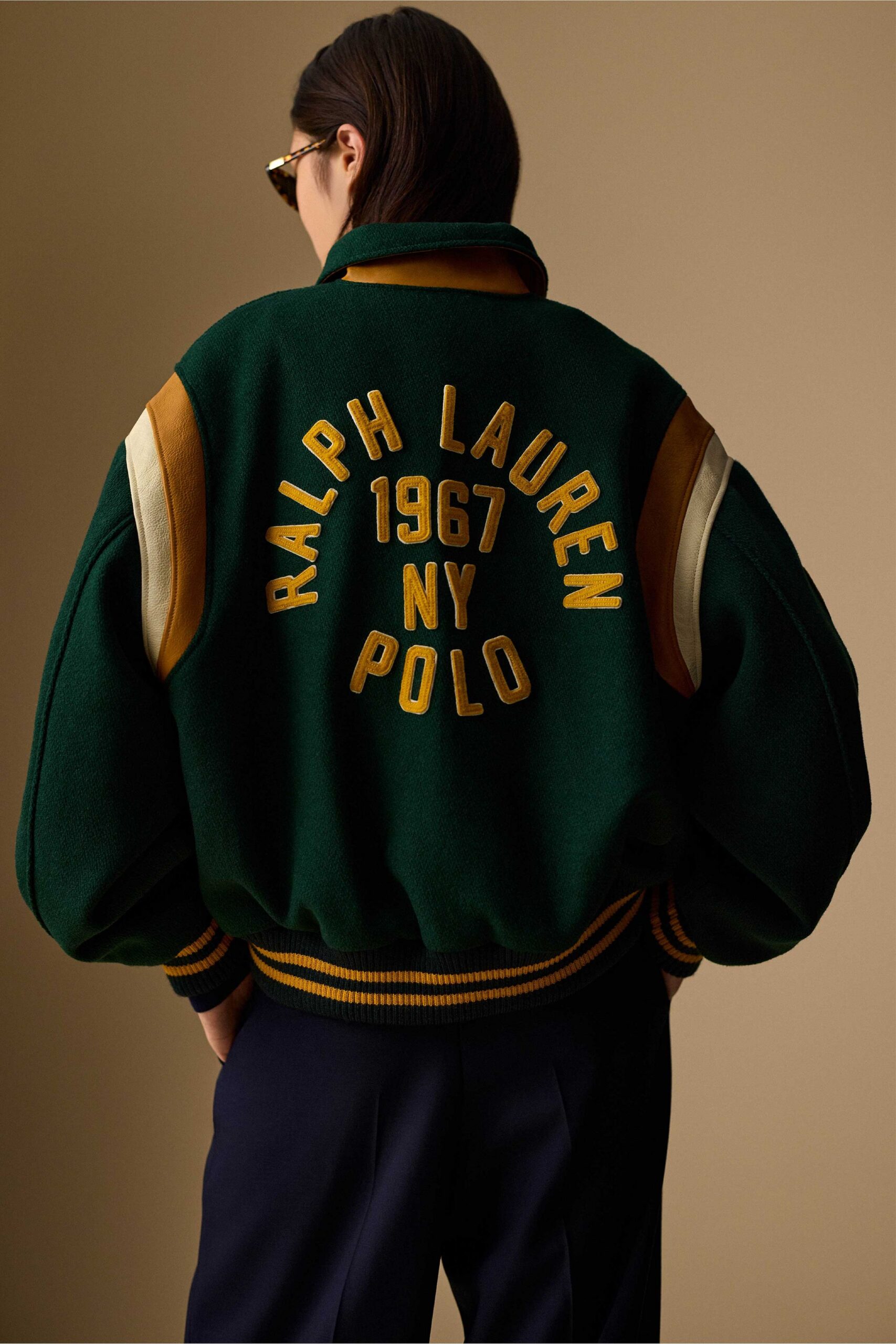green wool long-sleeve collared oversized embroidered jacket