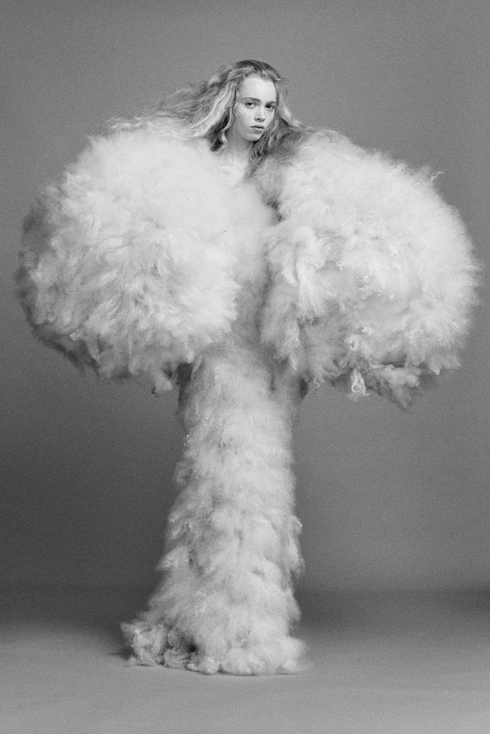white textured fur gown