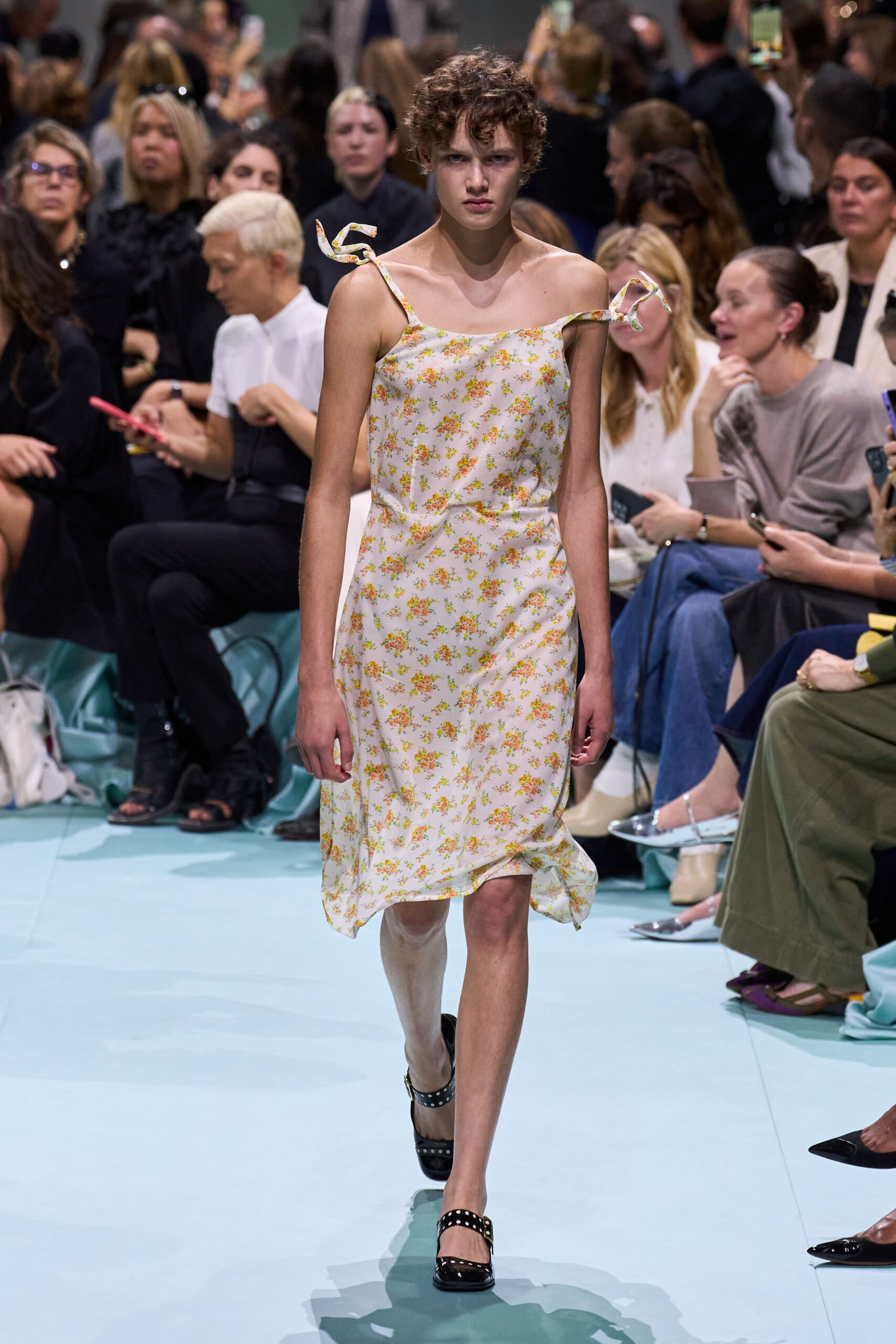 yellow cotton sleeveless square-neck fitted floral tiered dress