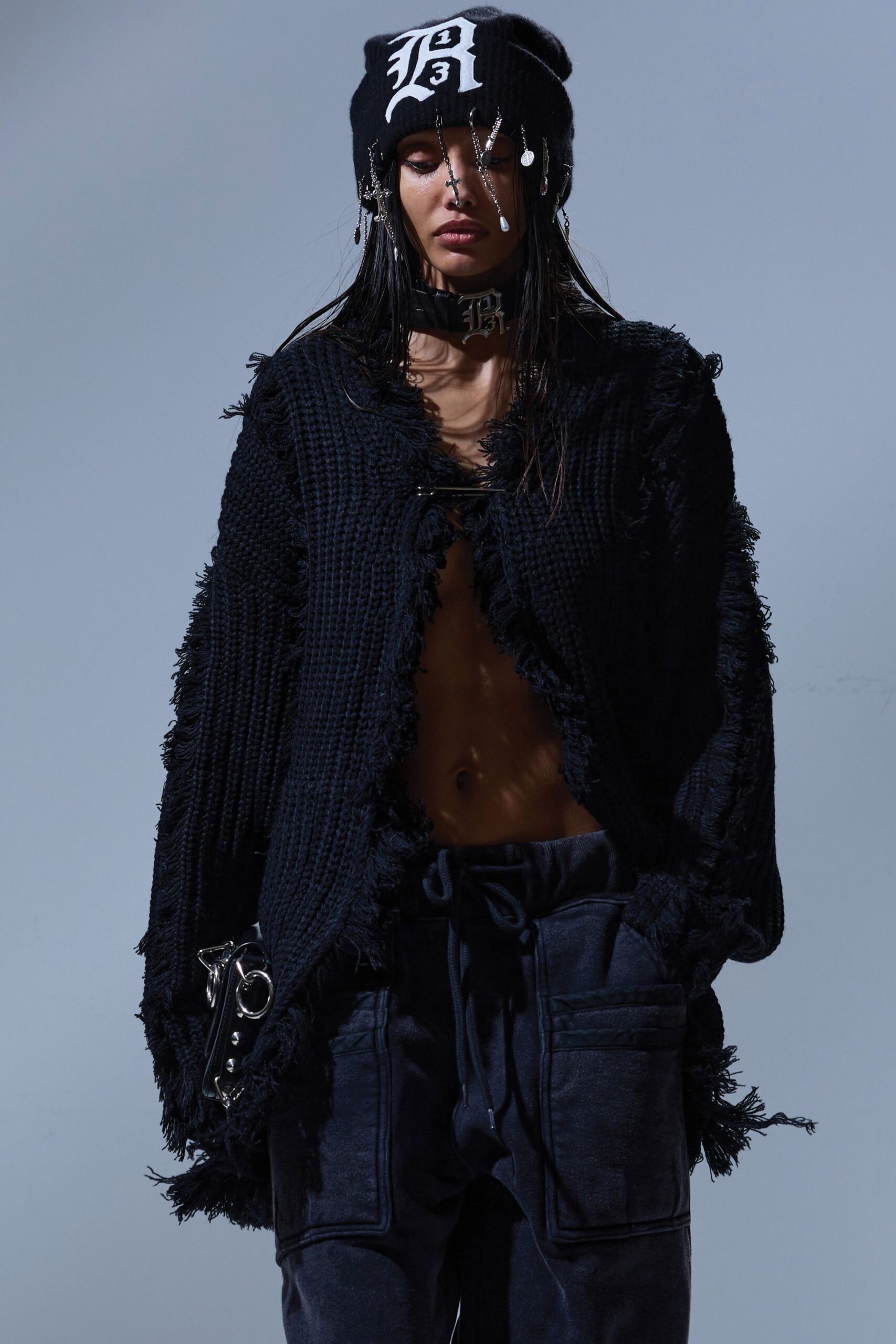black cotton long-sleeve relaxed fringed cardigan