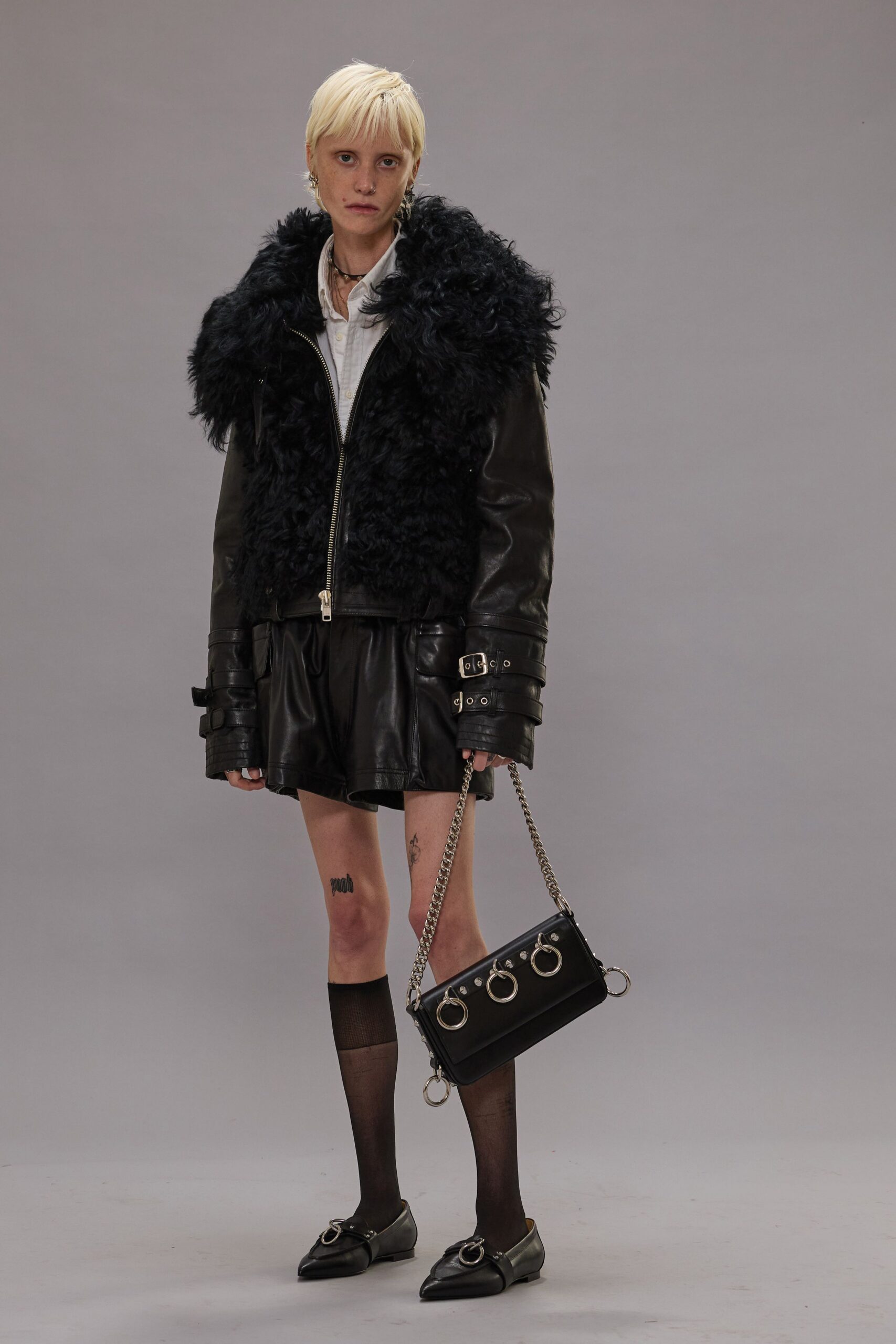 black leather jacket and skirt