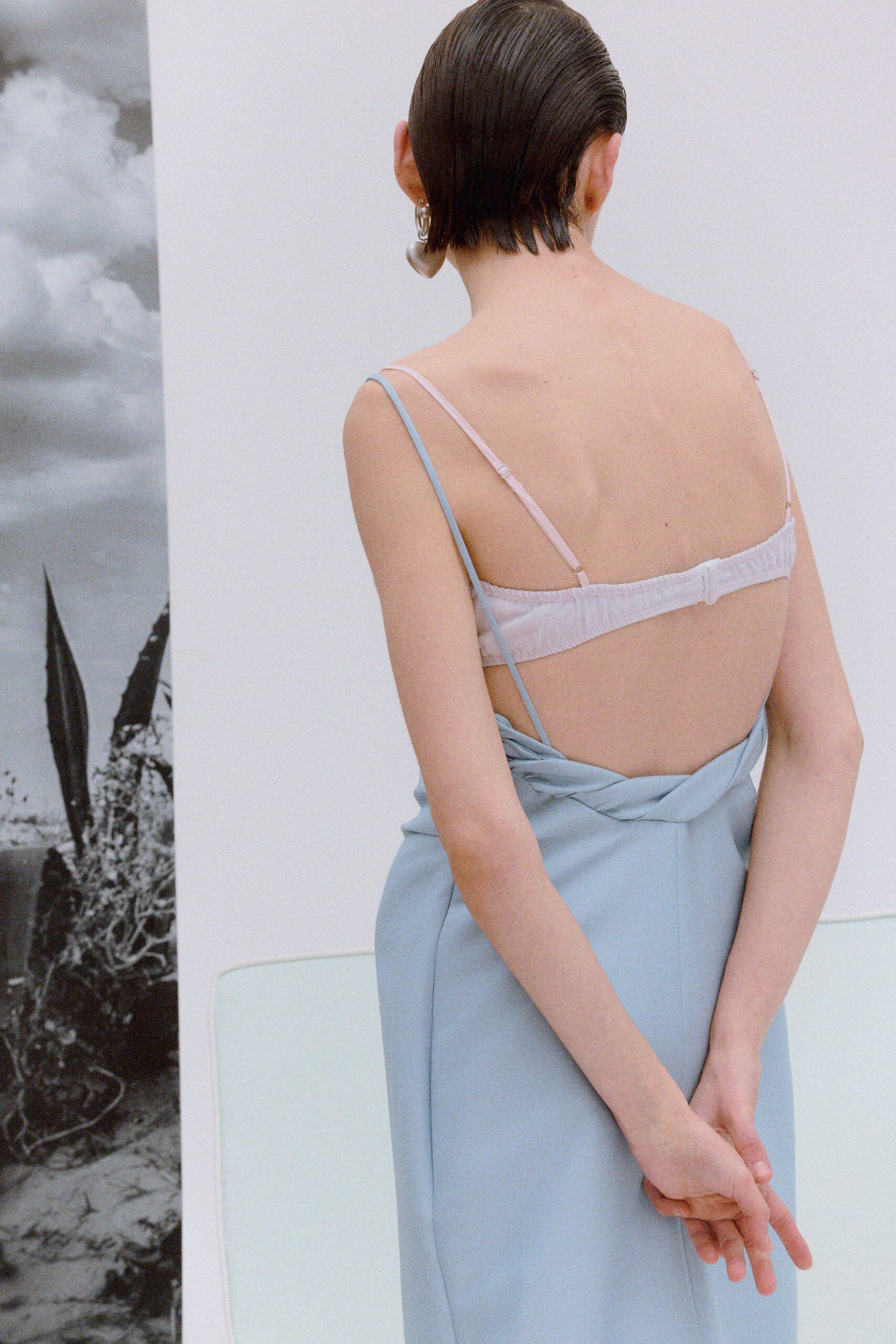 fitted blue silk midi dress