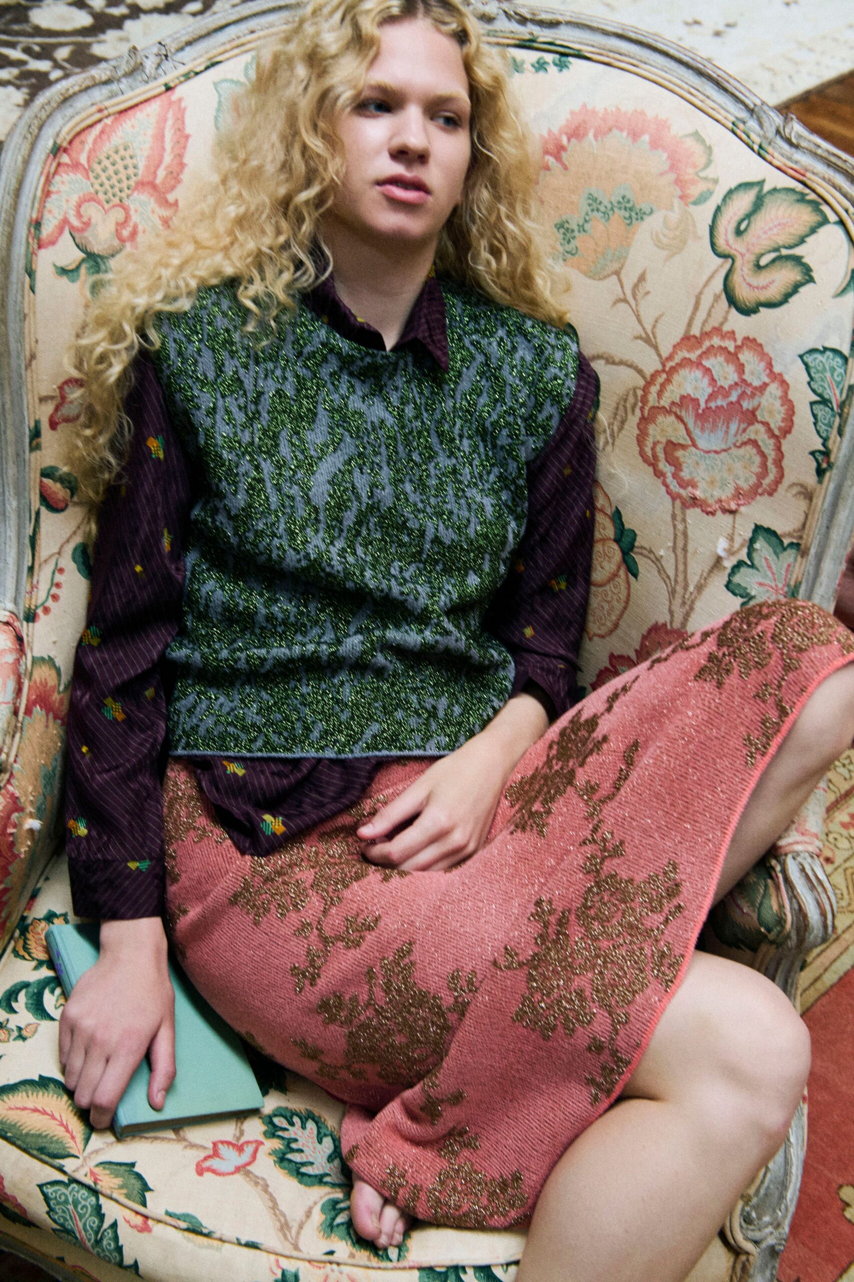 green wool fitted embroidered vest