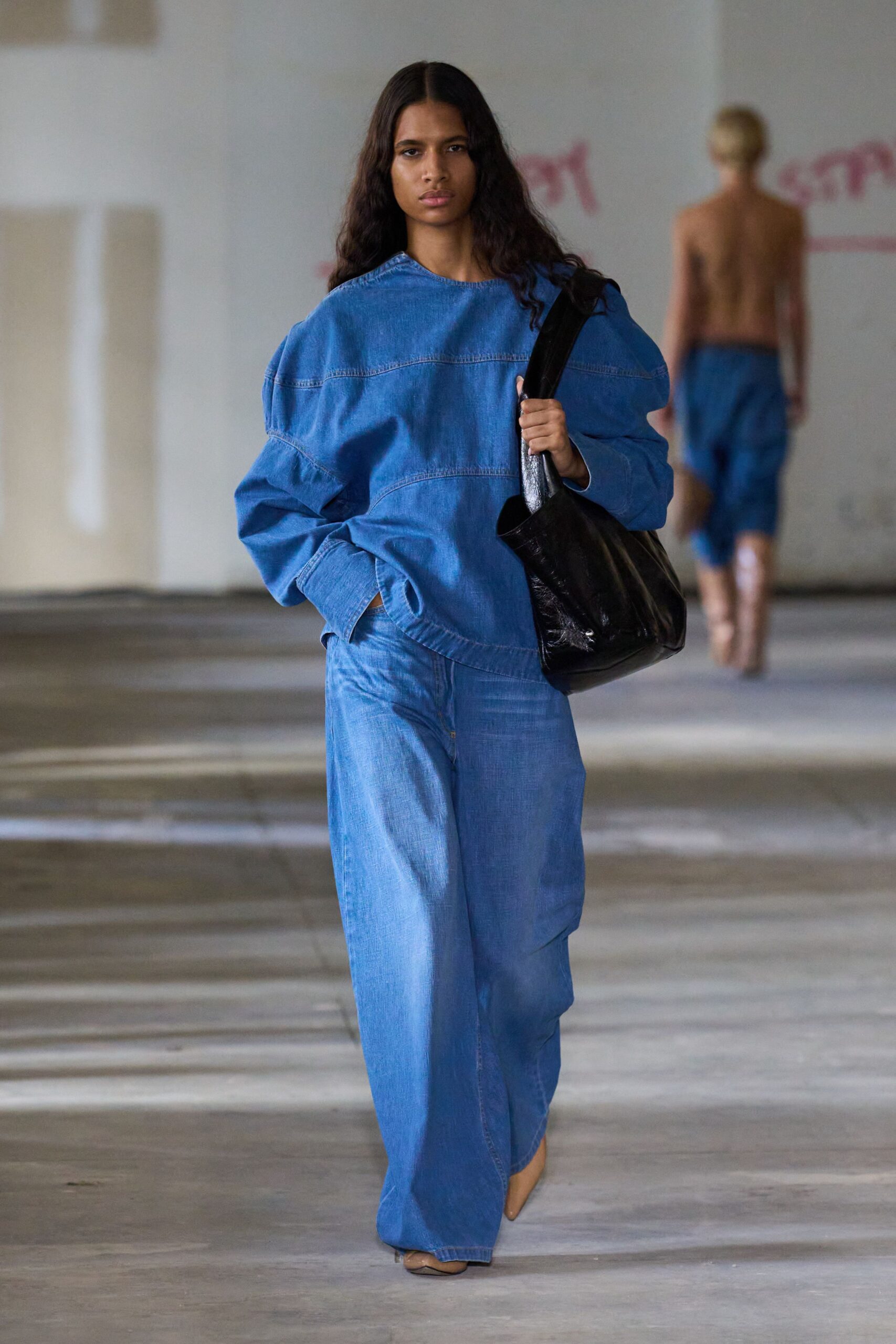 blue denim long-sleeve collared oversized buttoned top