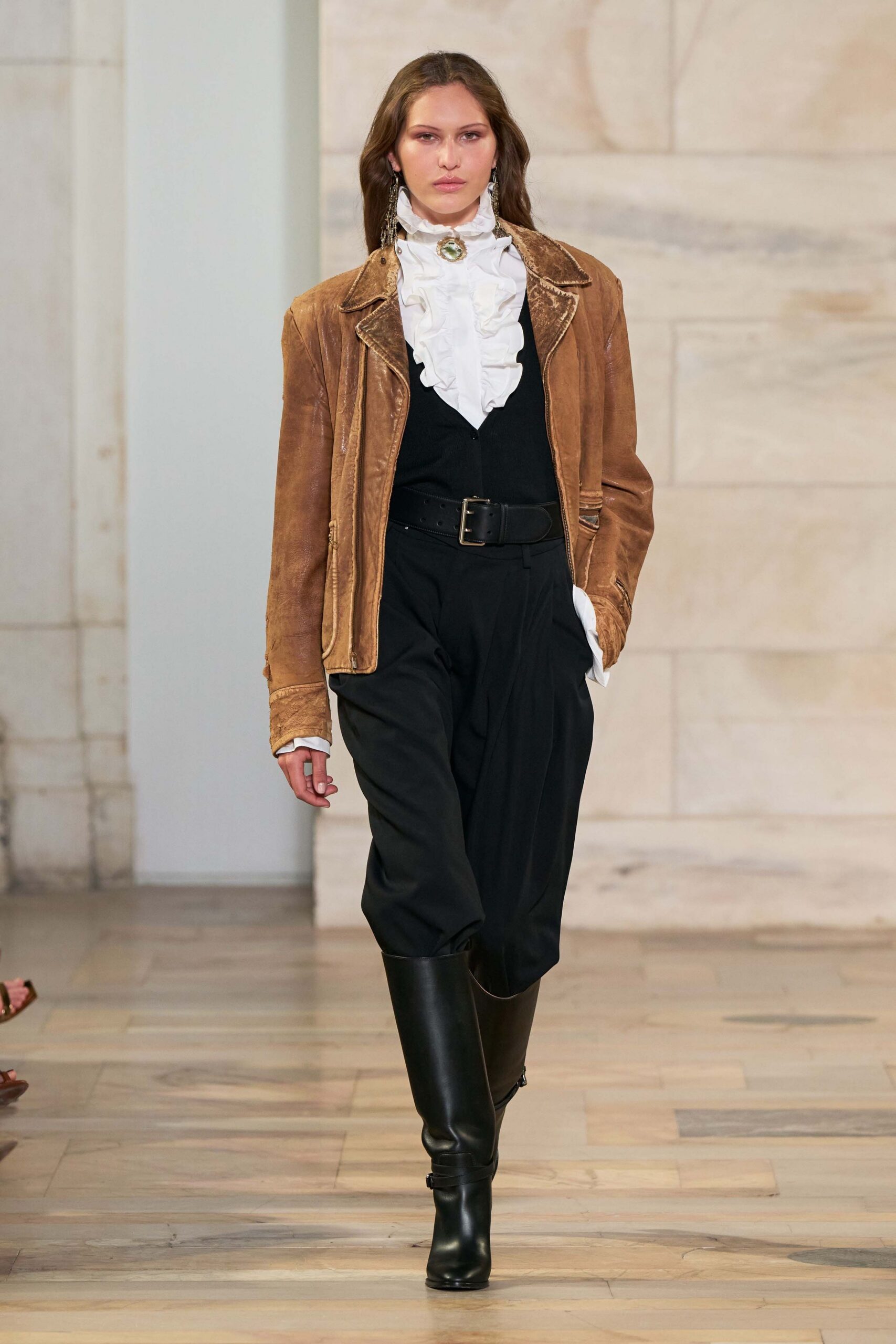 brown suede long-sleeve collared tailored buttoned jacket